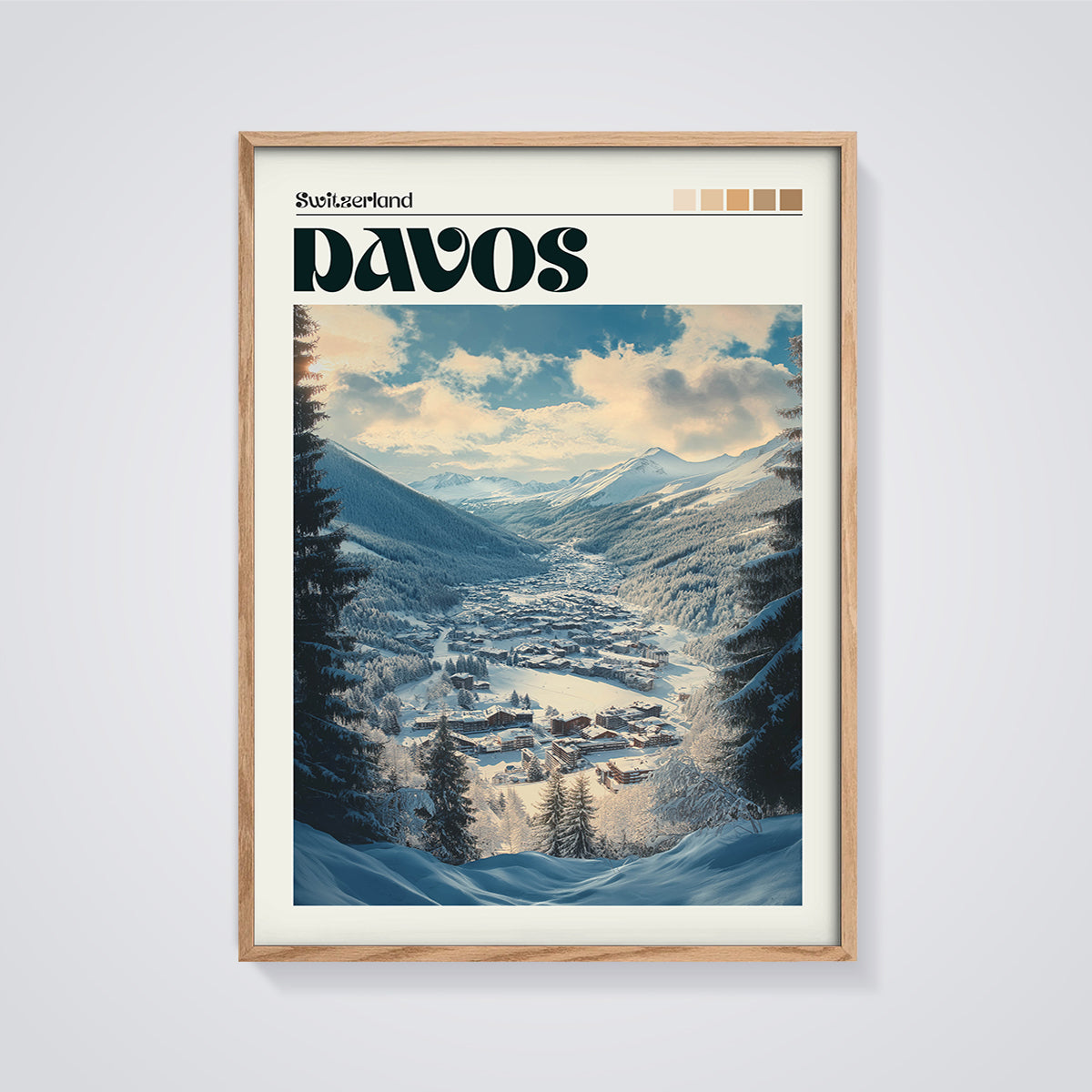 Davos Switzerland Winter Print framed in oak on a grey background