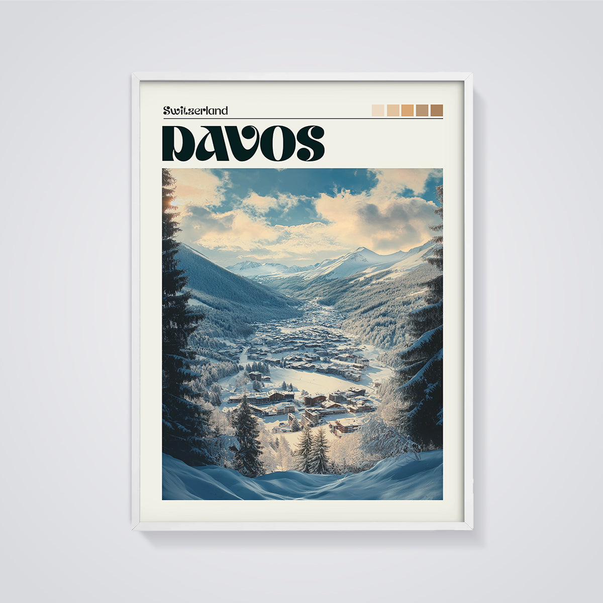 Davos Switzerland Winter Print framed in white on a grey background
