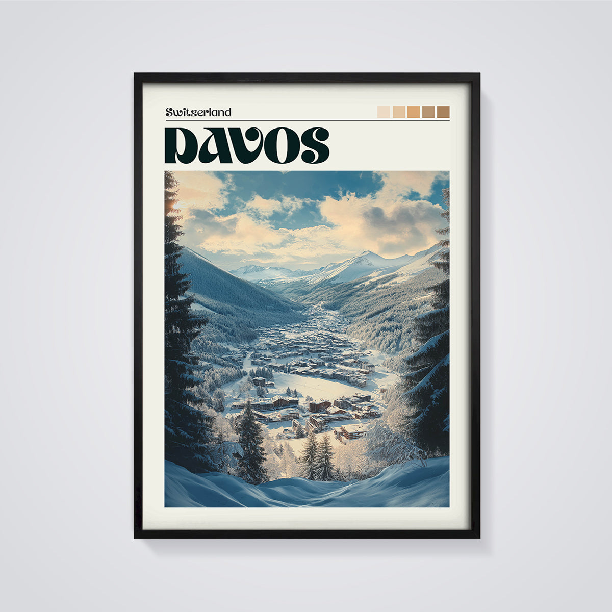 Davos Switzerland Winter Print framed in black on a grey background