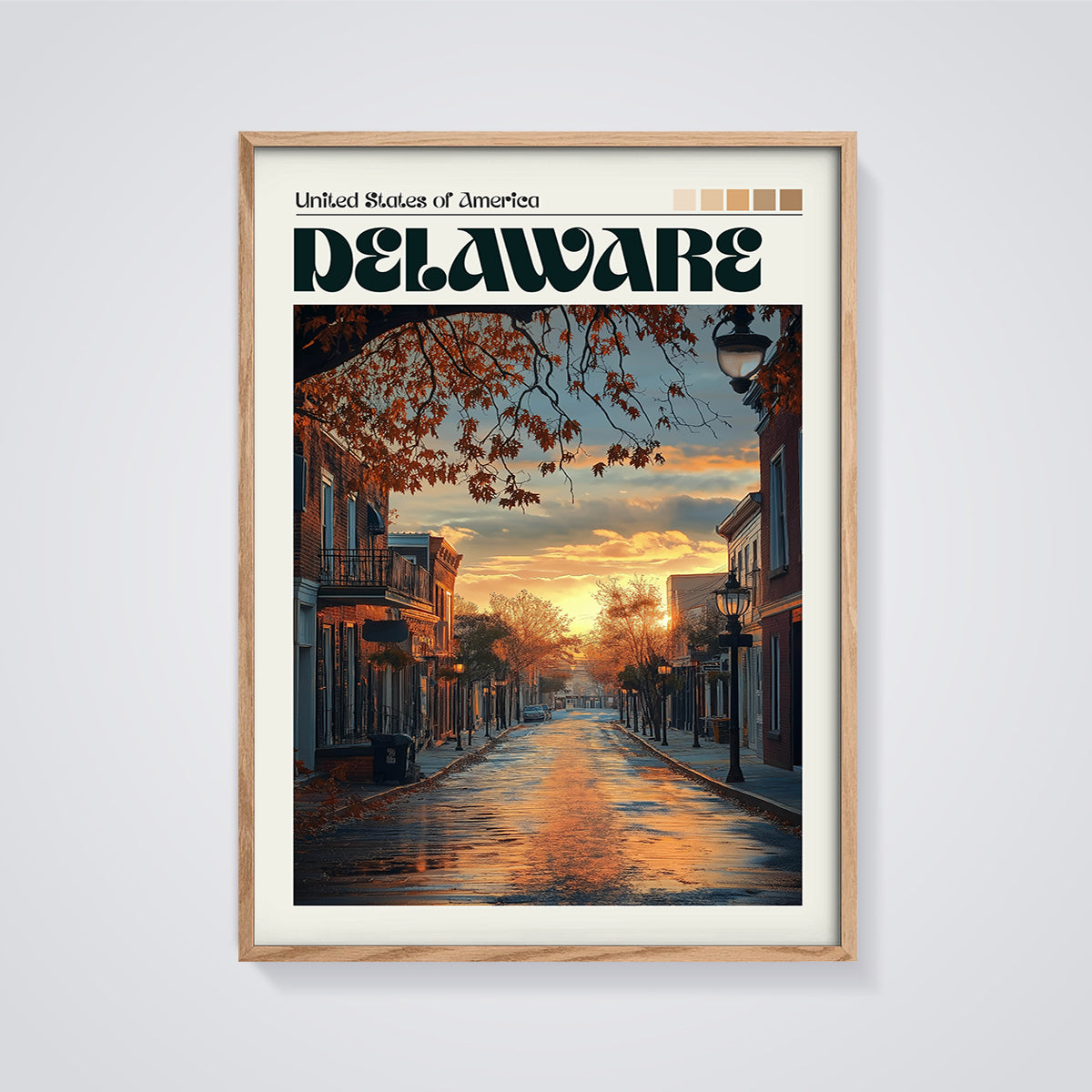 Delaware Autumn Street Sunset Print framed in oak on a grey background