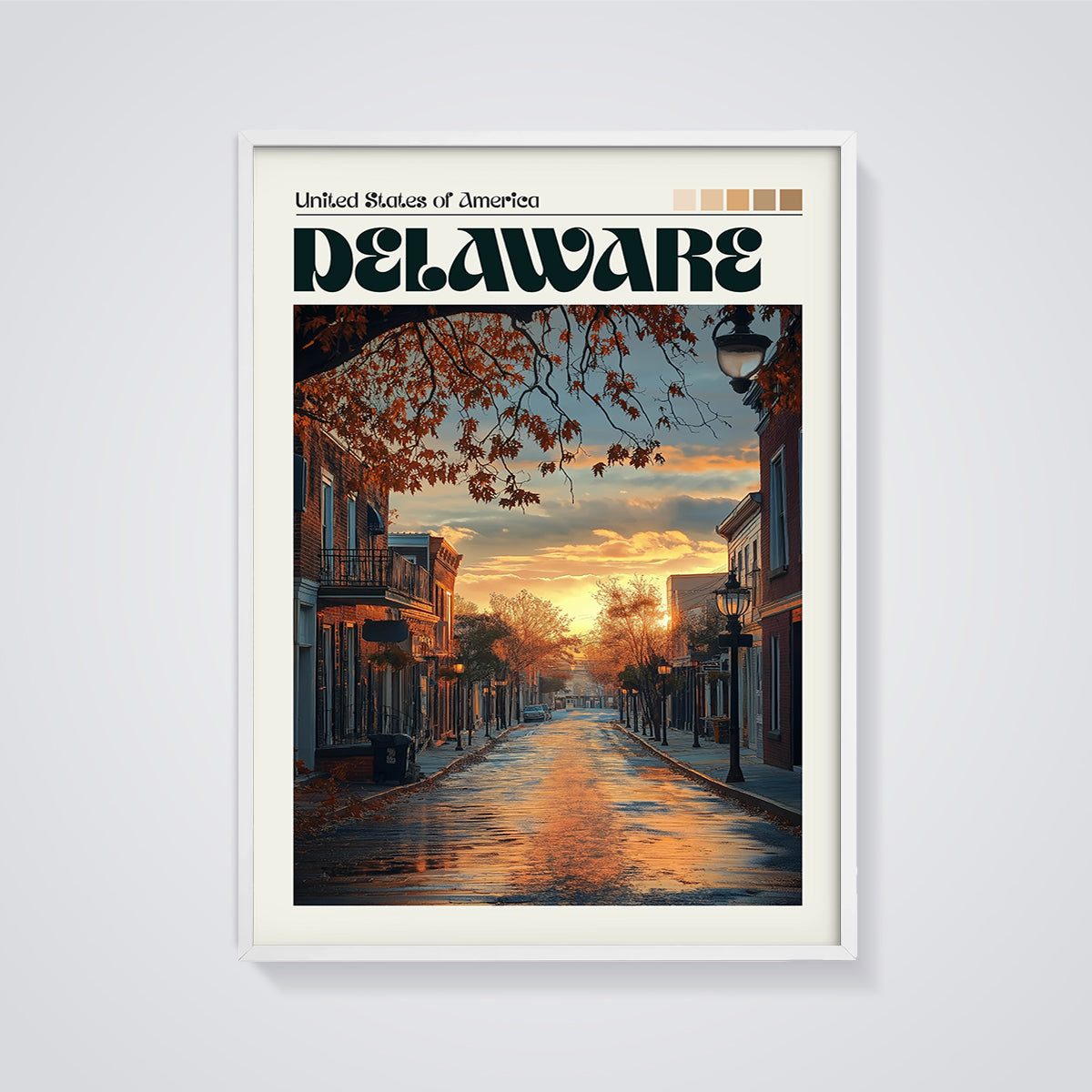 Delaware Autumn Street Sunset Print framed in white on a grey background
