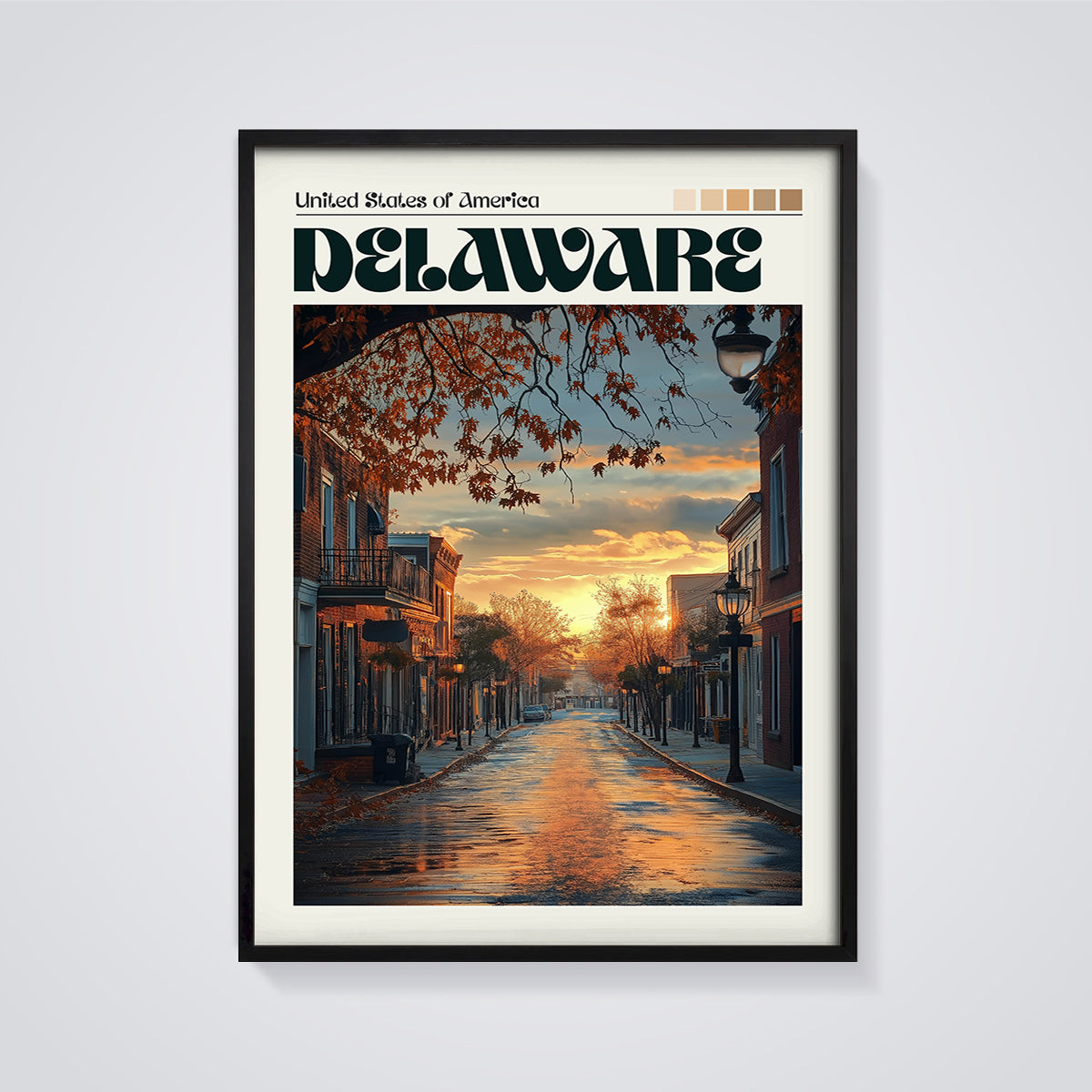 Delaware Autumn Street Sunset Print framed in black on a grey background
