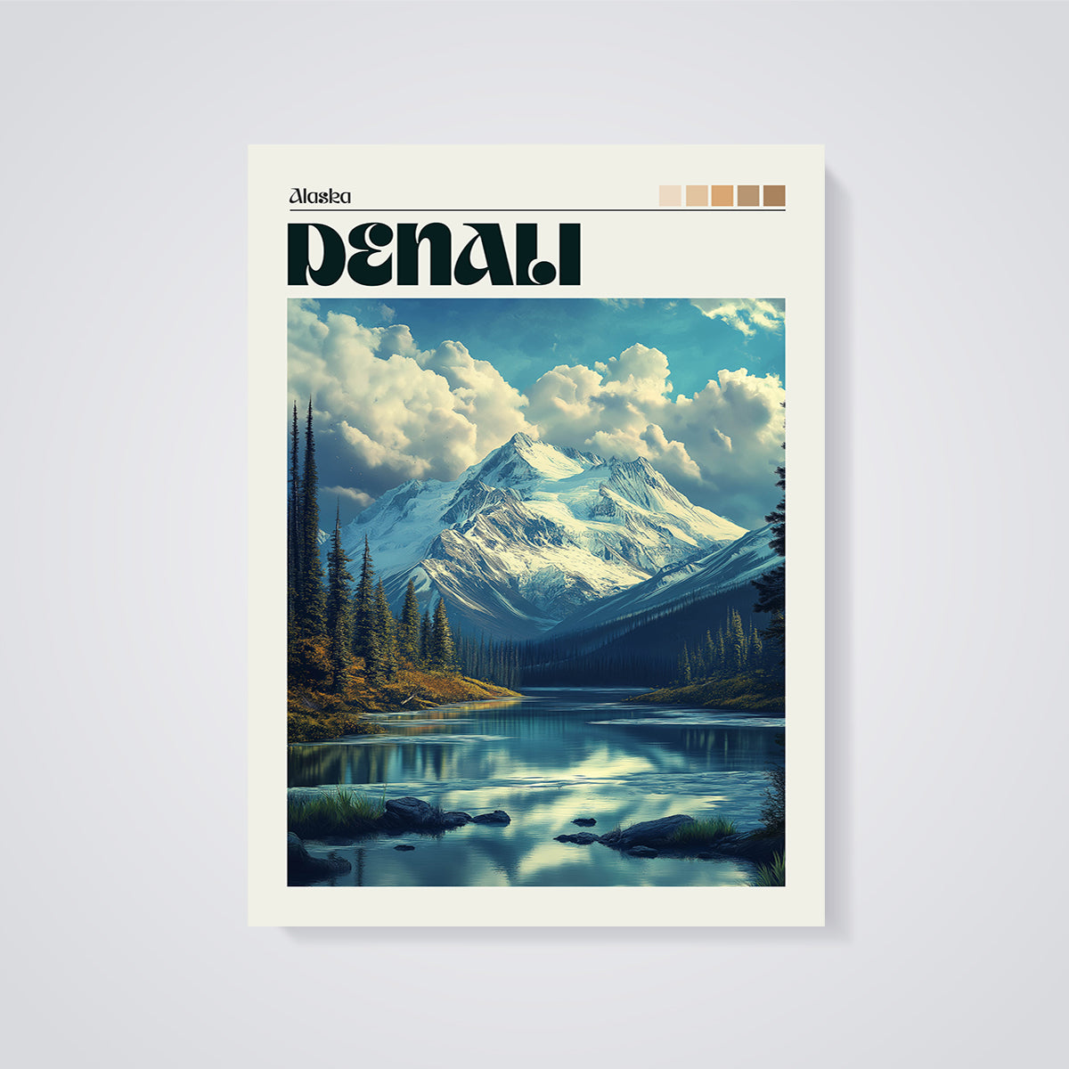 Denali Alaska Mountain Lake Print unframed on a grey background