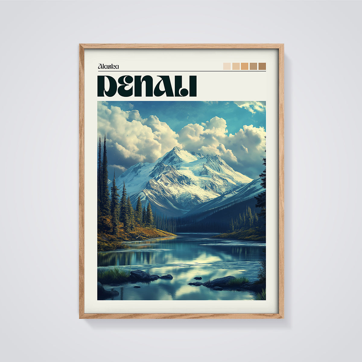 Denali Alaska Mountain Lake Print framed in oak on a grey background