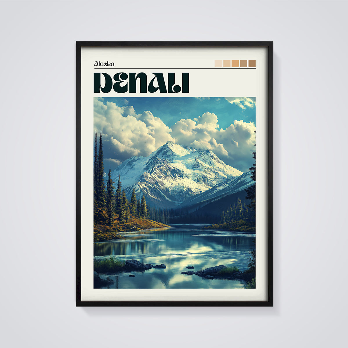 Denali Alaska Mountain Lake Print framed in black on a grey background