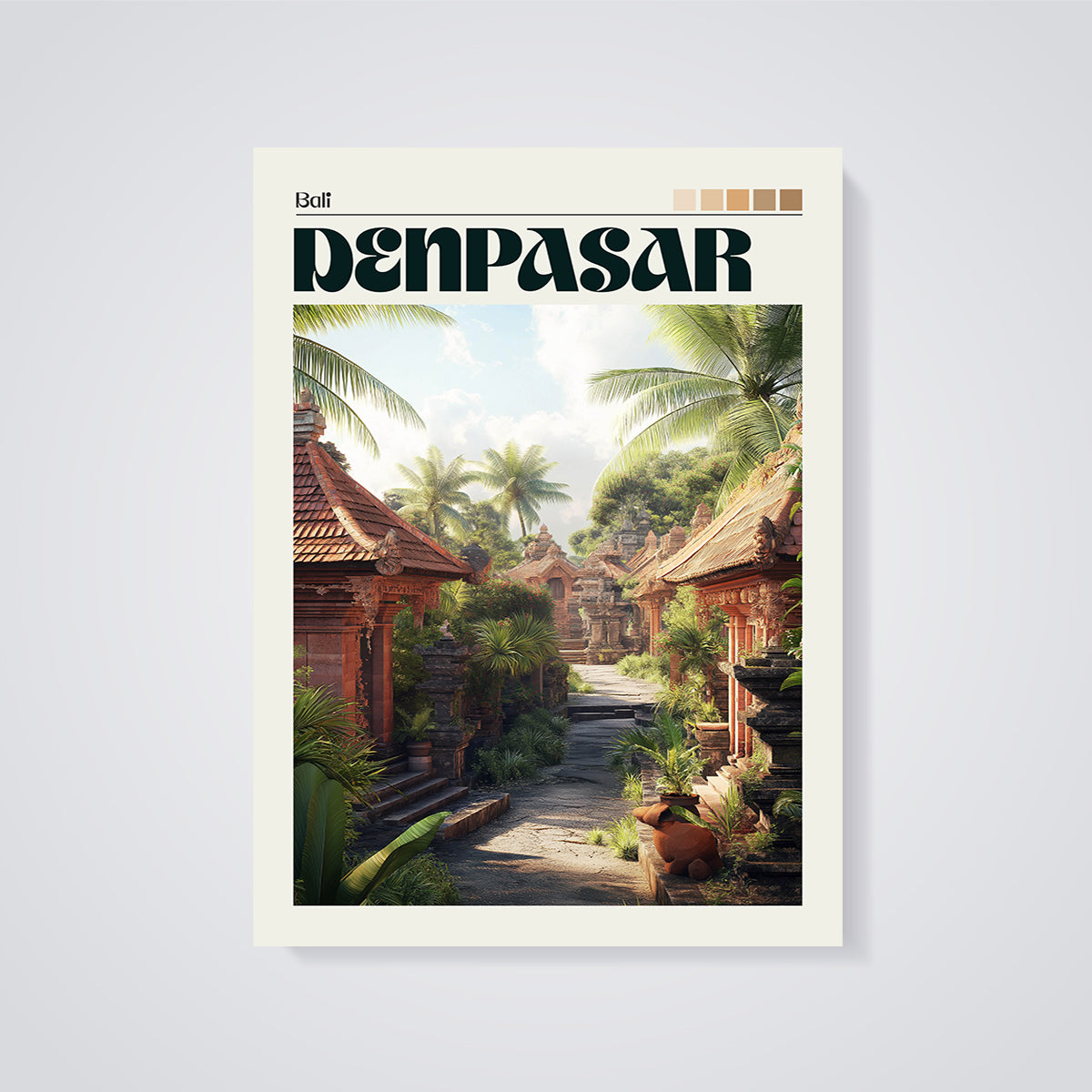 Denpasar Bali Temple Road Print unframed on a grey background