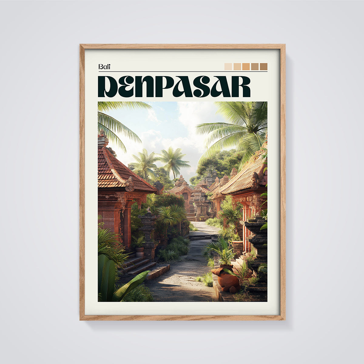Denpasar Bali Temple Road Print framed in oak on a grey background
