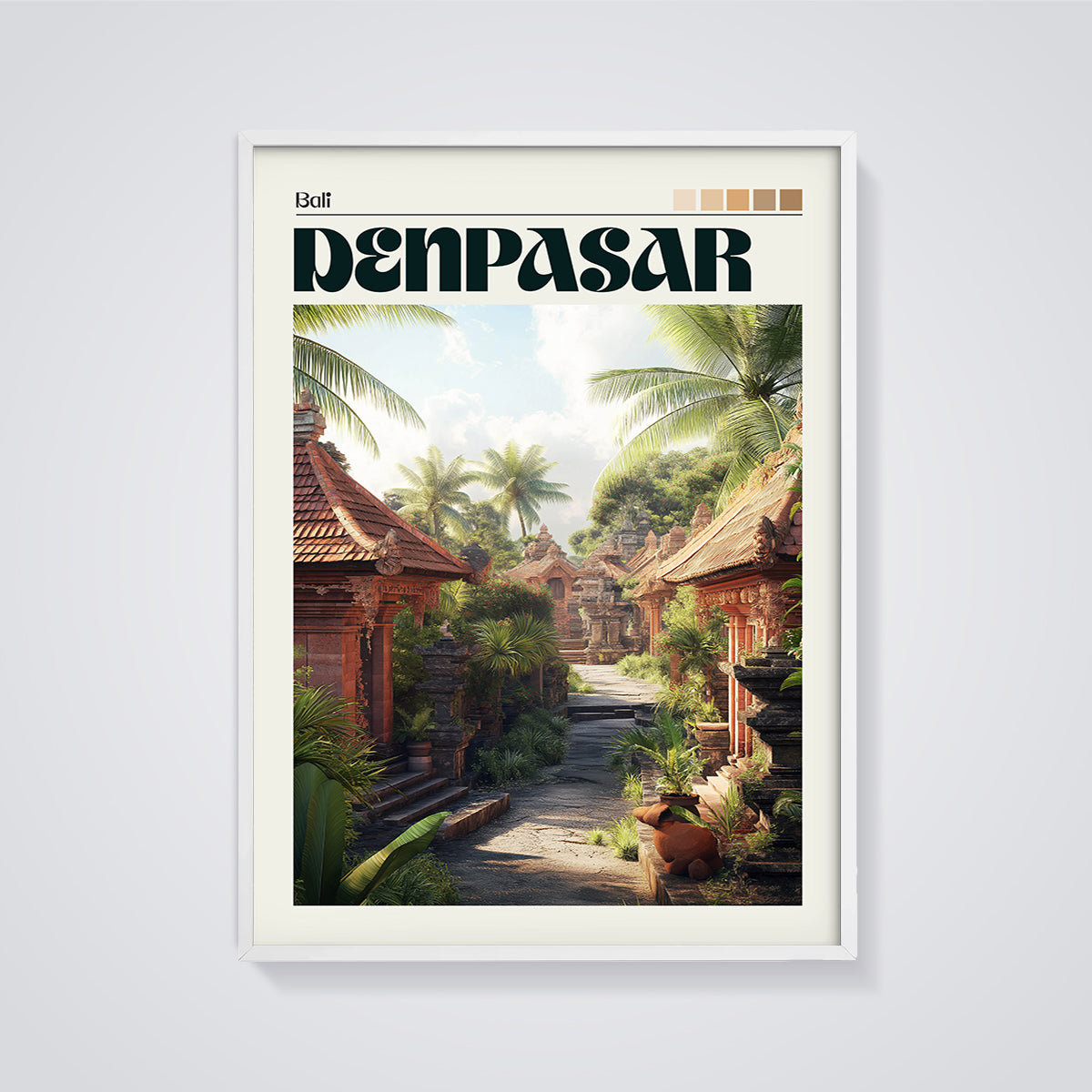 Denpasar Bali Temple Road Print framed in white on a grey background