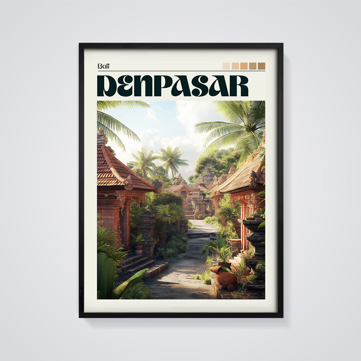 Denpasar Bali Temple Road Print framed in black on a grey background