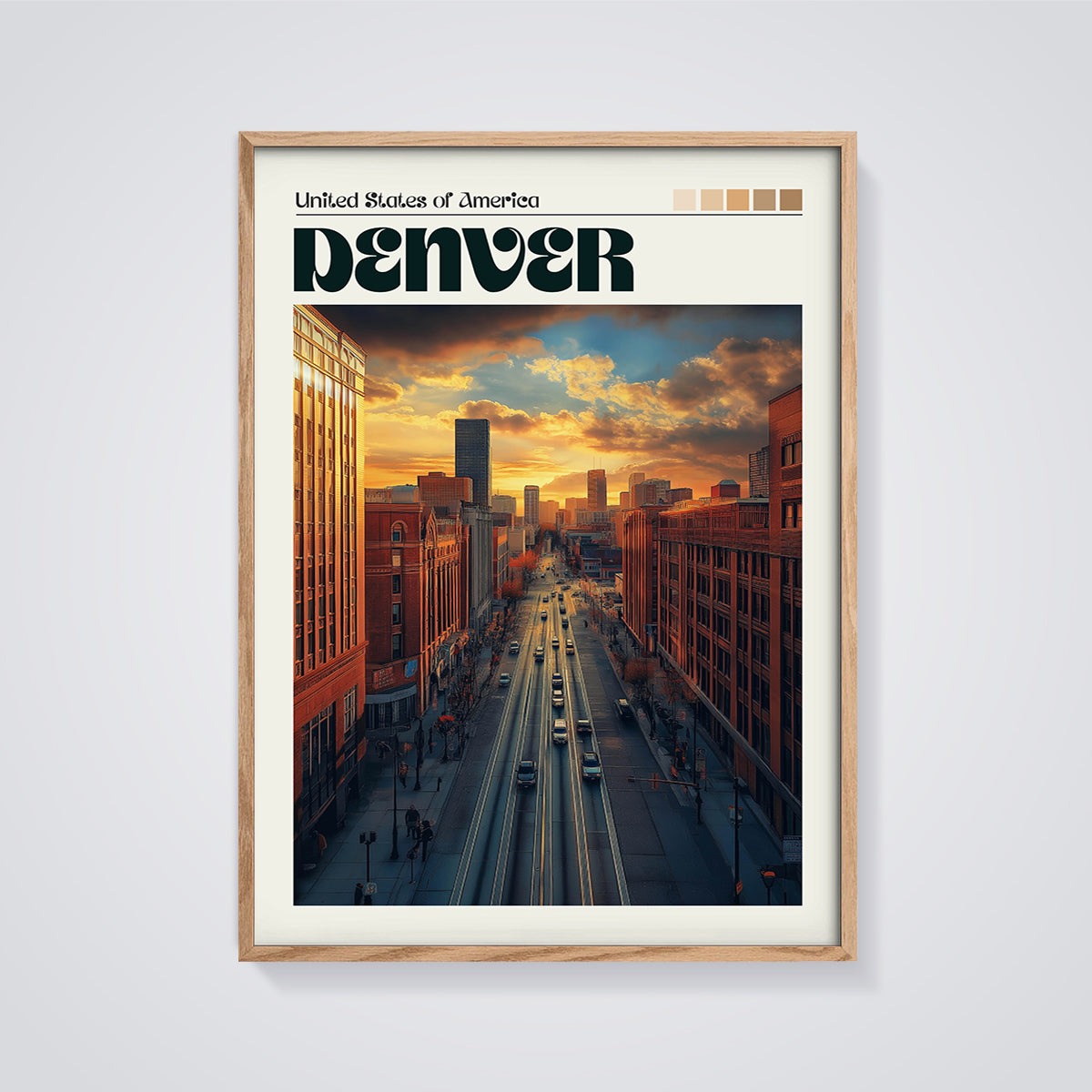 Denver Sunset Cityscape Print framed in oak on a grey background