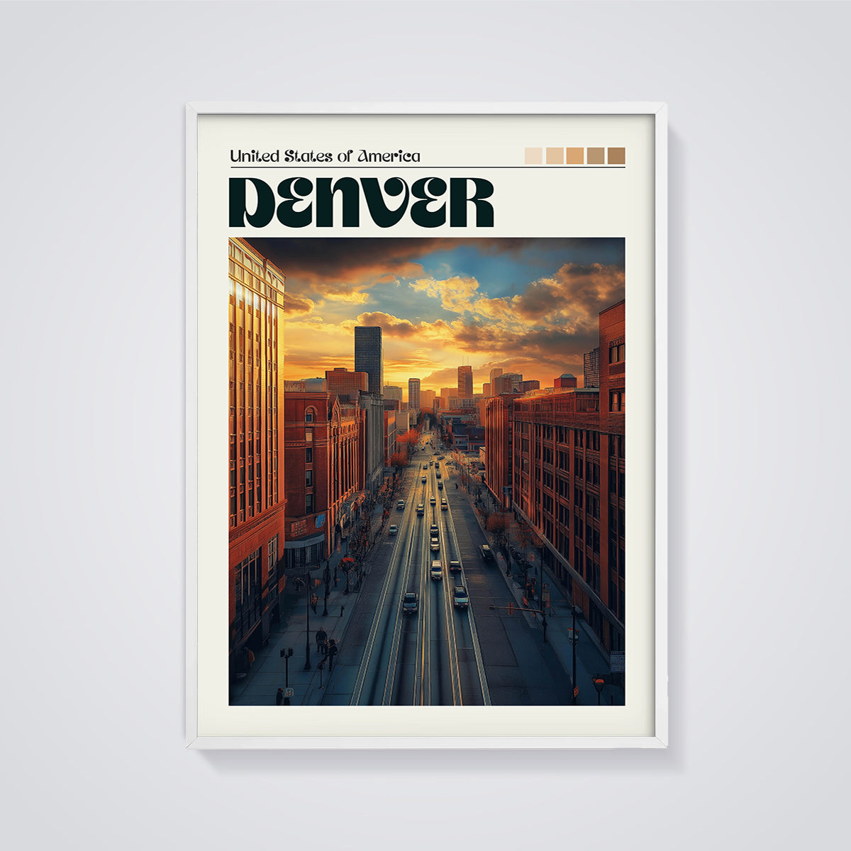 Denver Sunset Cityscape Print framed in white on a grey background