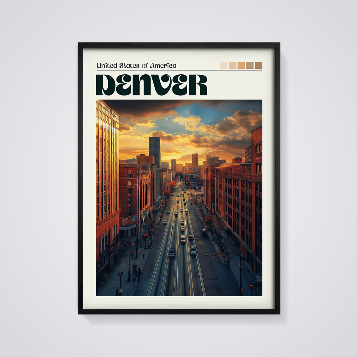 Denver Sunset Cityscape Print framed in black on a grey background