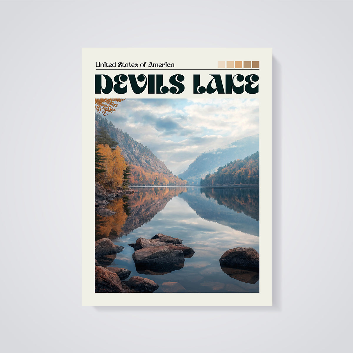 Devils Lake Autumn Landscape Print unframed on a grey background