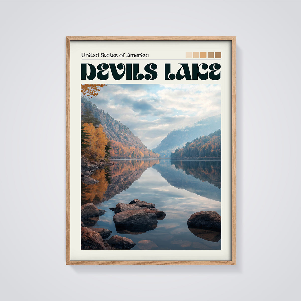Devils Lake Autumn Landscape Print framed in oak on a grey background