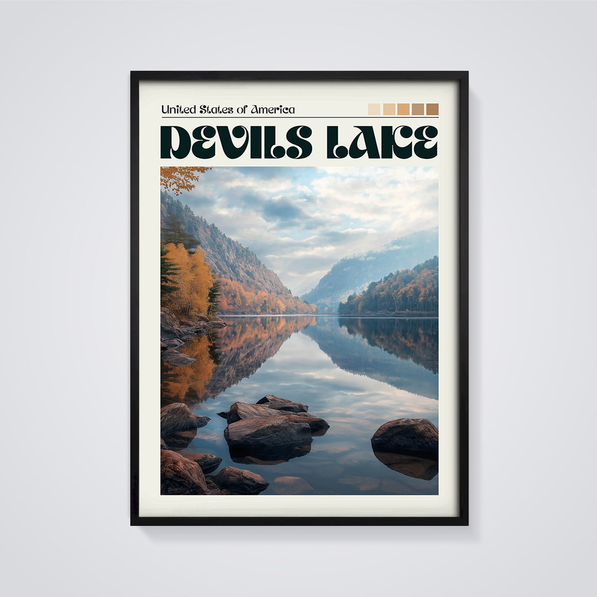 Devils Lake Autumn Landscape Print framed in black on a grey background