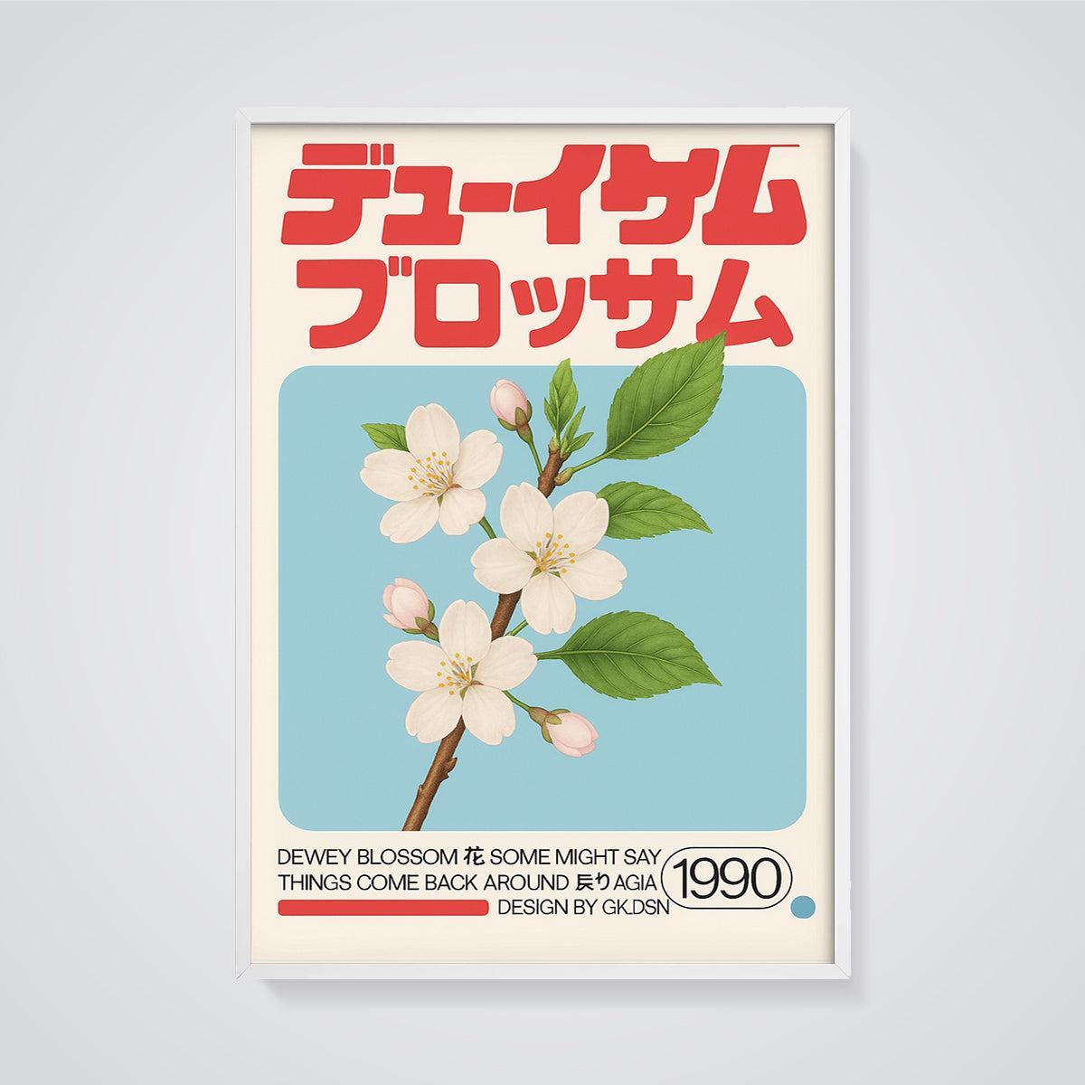 Dewey Blossom Cherry Print framed in white on a grey background