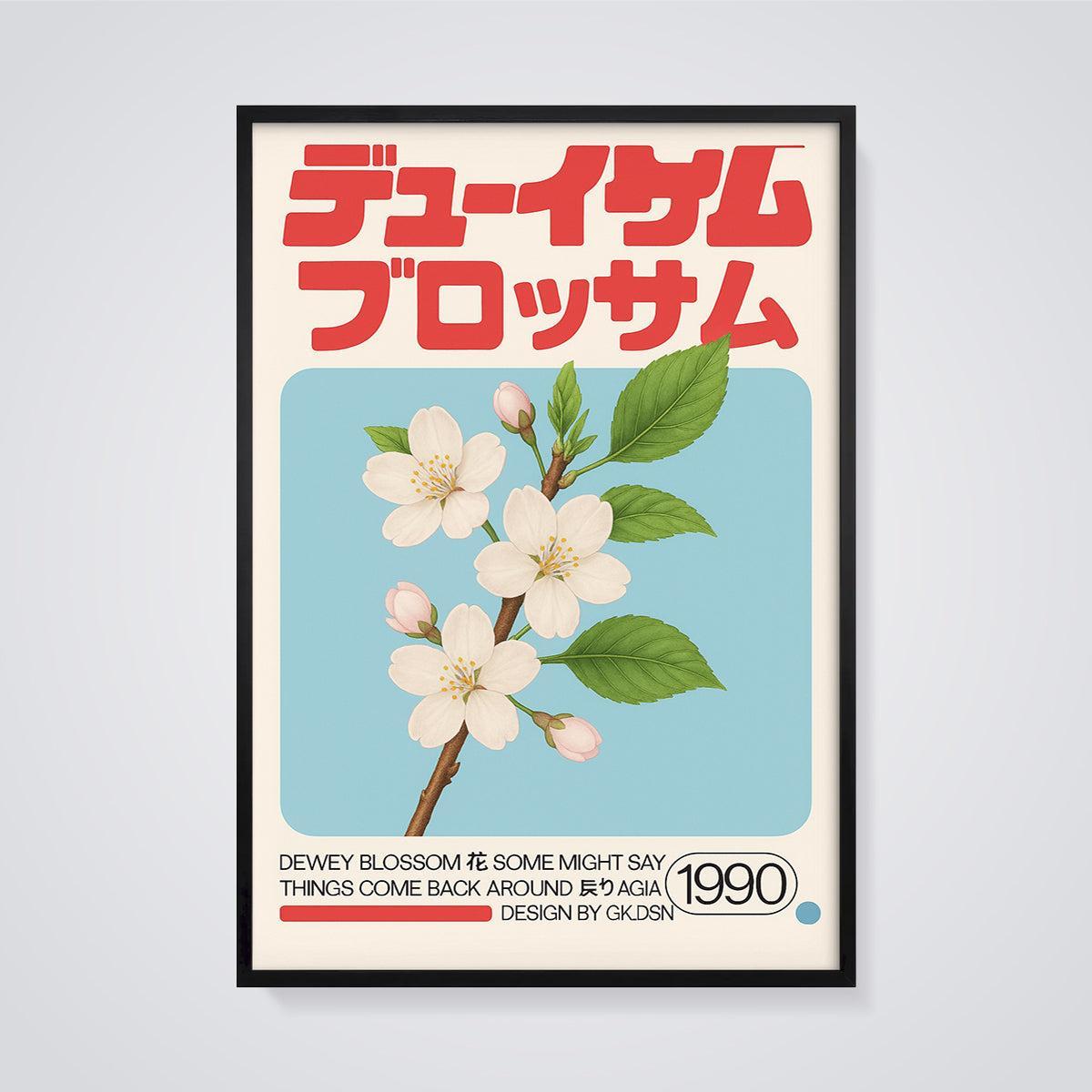 Dewey Blossom Cherry Print framed in black on a grey background