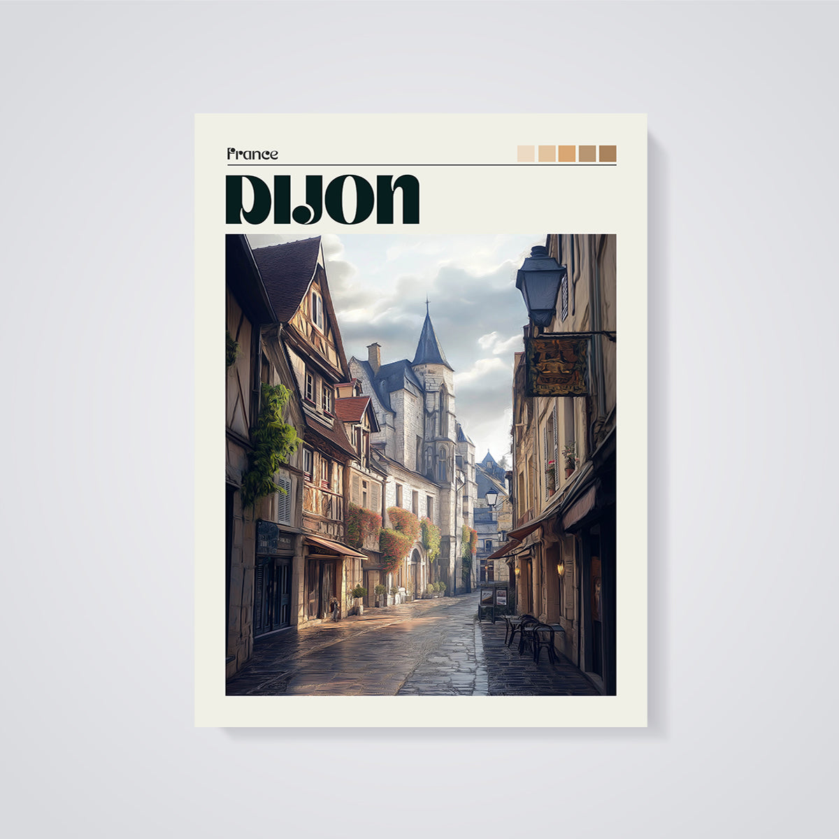 Dijon France Old Town Street Print unframed on a grey background