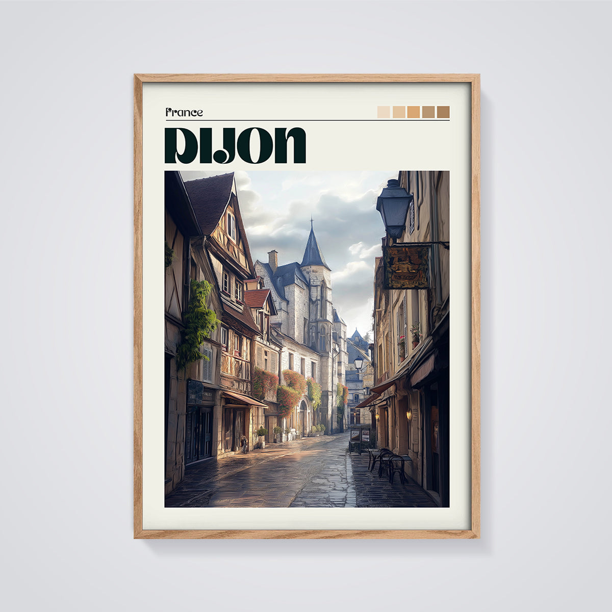 Dijon France Old Town Street Print framed in oak on a grey background