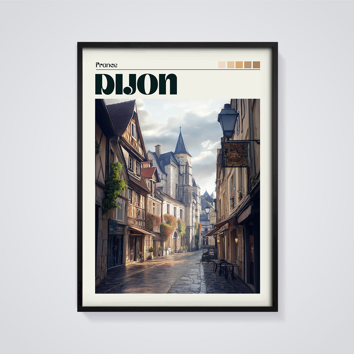 Dijon France Old Town Street Print framed in black on a grey background