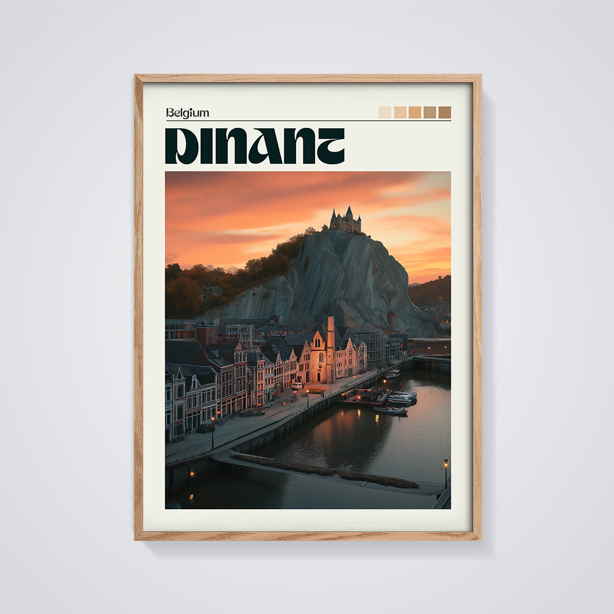 Dinant Belgium Cityscape Print framed in oak on a grey background