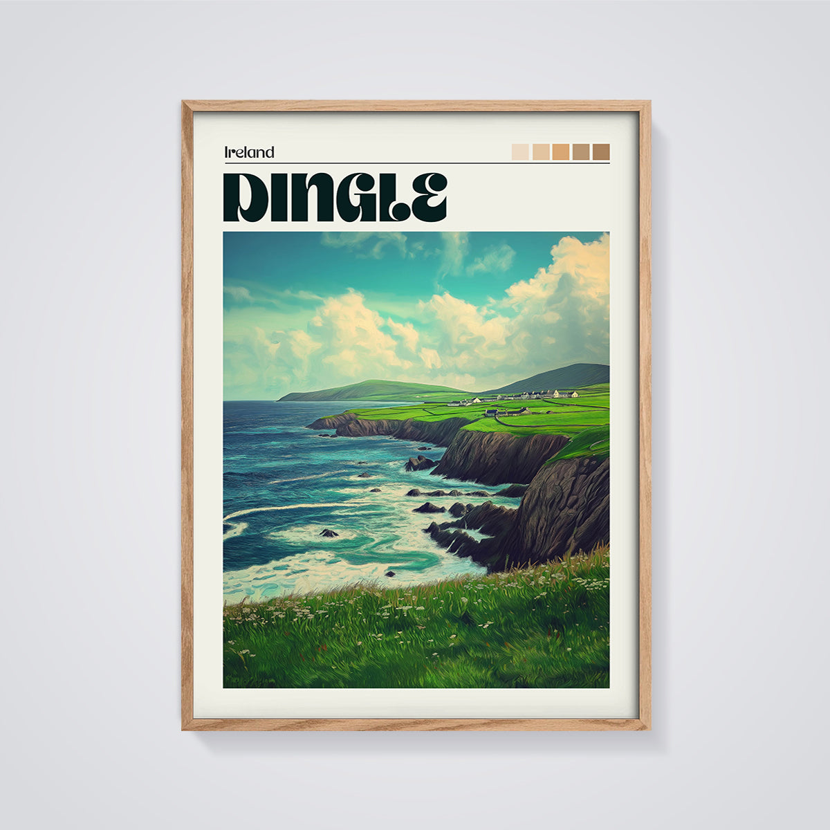 Dingle Cliffs & Ocean Print framed in oak on a grey background