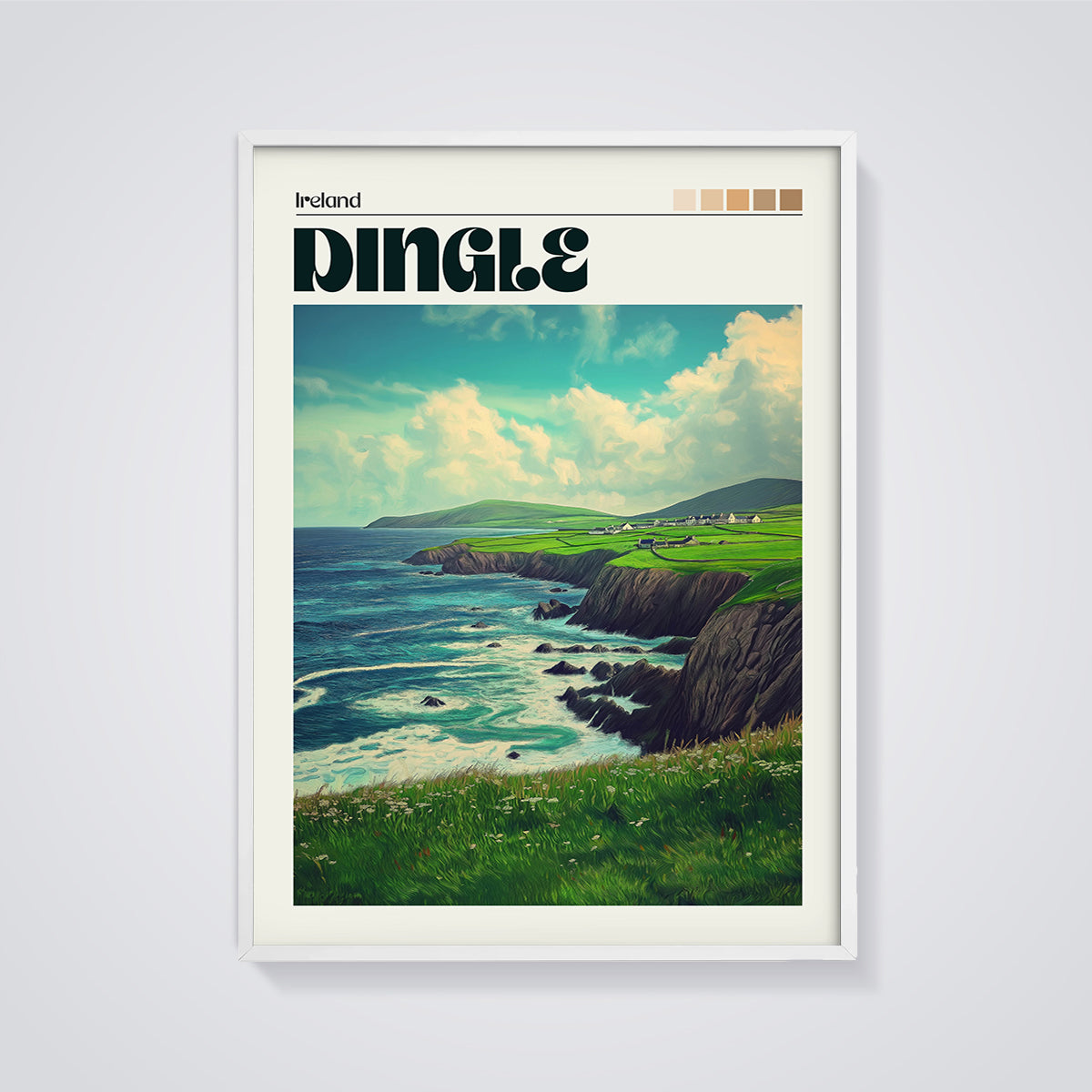 Dingle Cliffs & Ocean Print framed in white on a grey background