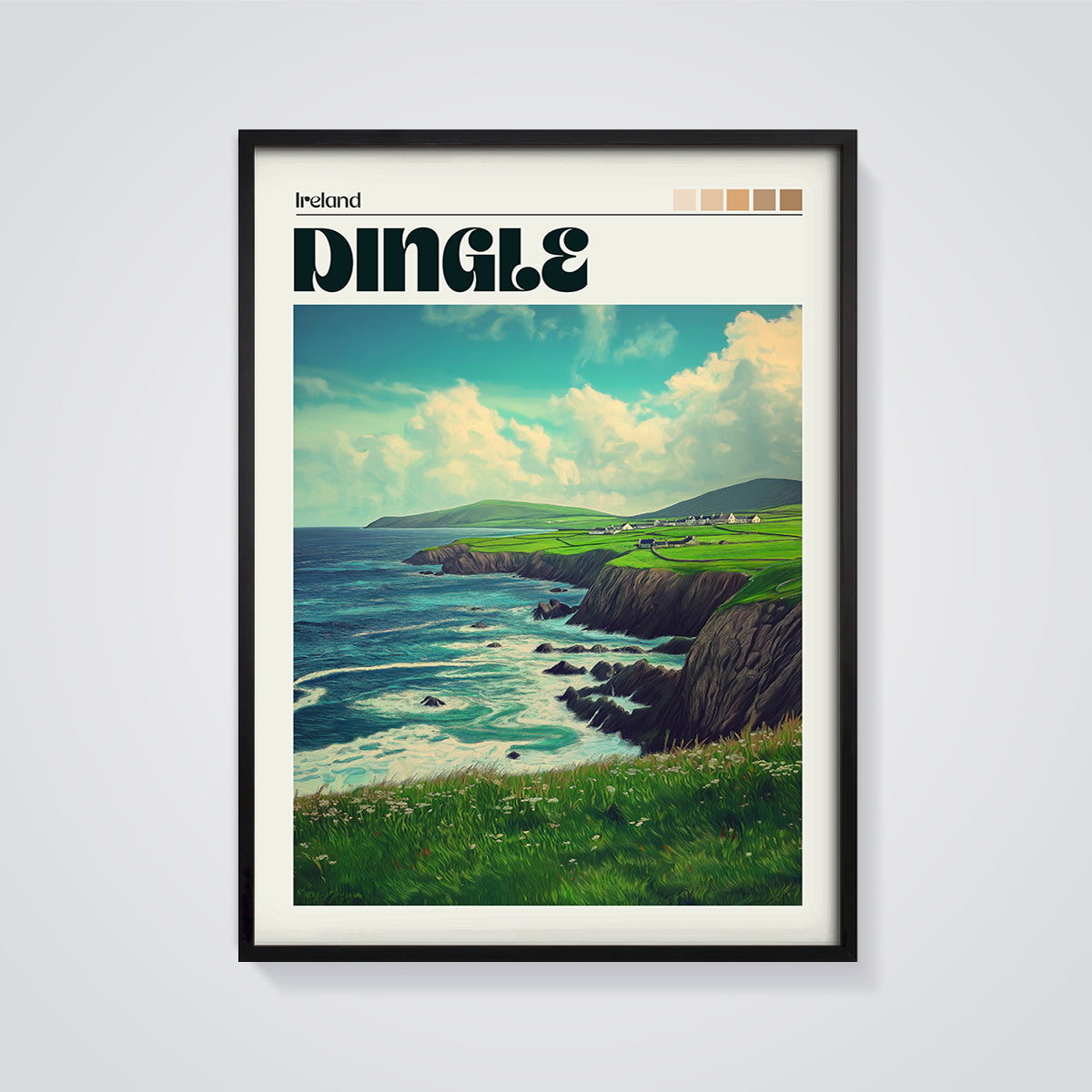 Dingle Cliffs & Ocean Print framed in black on a grey background