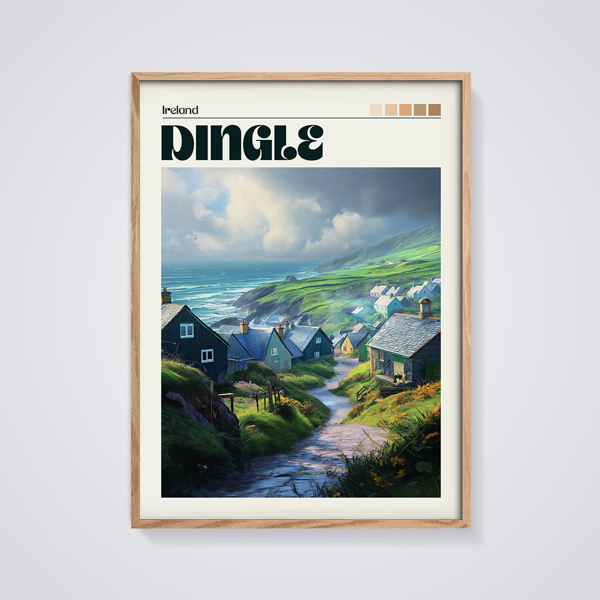 Dingle Coastal Village Print framed in oak on a grey background