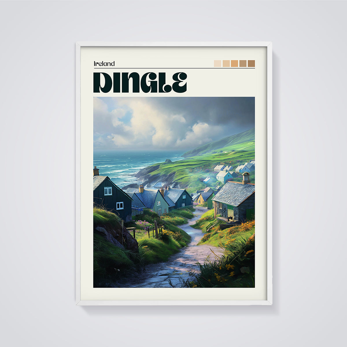 Dingle Coastal Village Print framed in white on a grey background