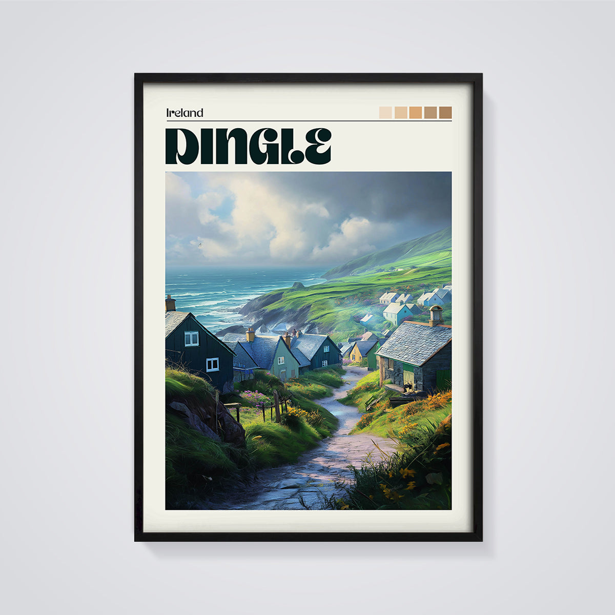 Dingle Coastal Village Print framed in black on a grey background