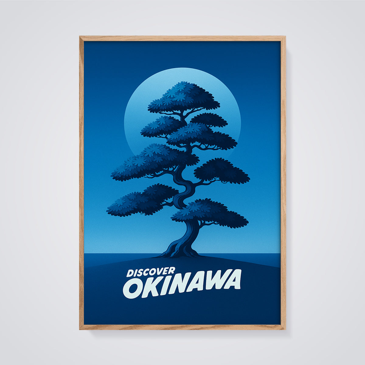 Discover Okinawa Tree Print framed in oak on a grey background