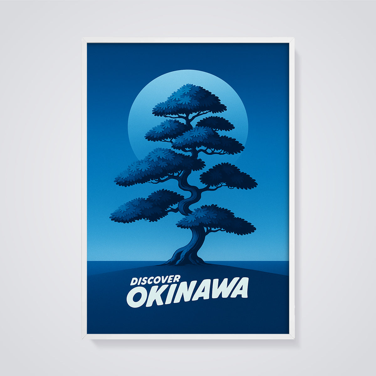 Discover Okinawa Tree Print framed in white on a grey background