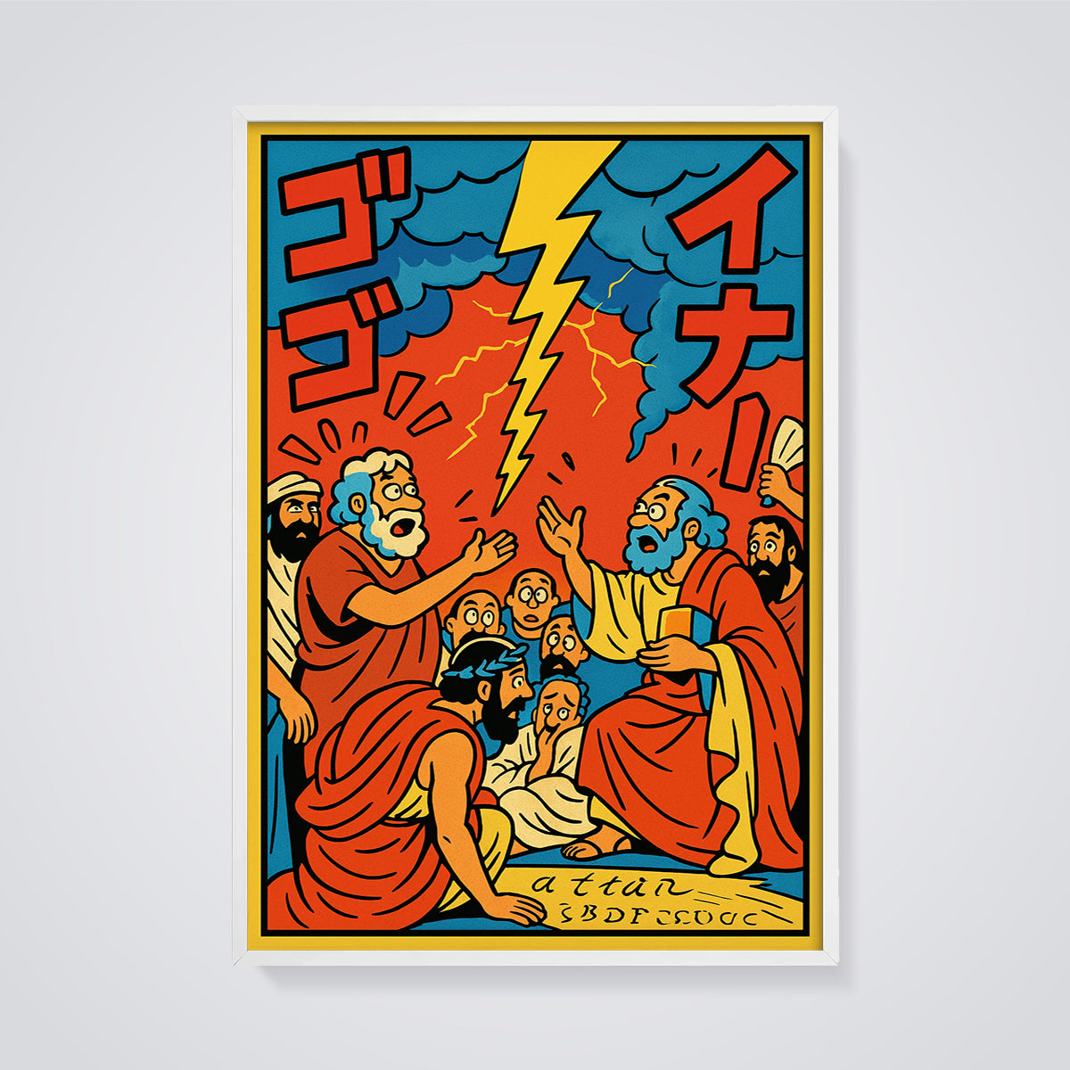 Divine Intervention Debate Print framed in white on a grey background