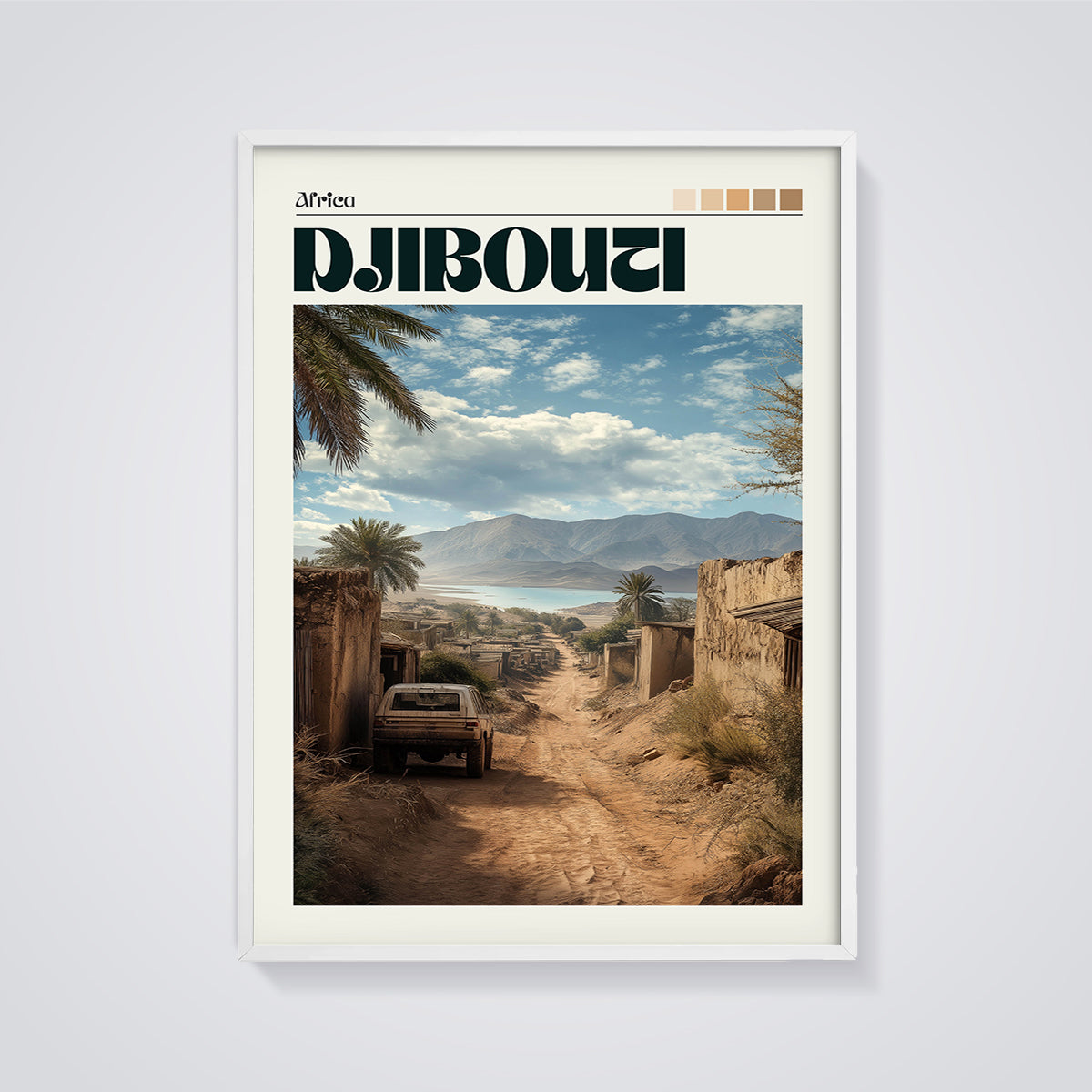 Djibouti Desert Village Print framed in white on a grey background