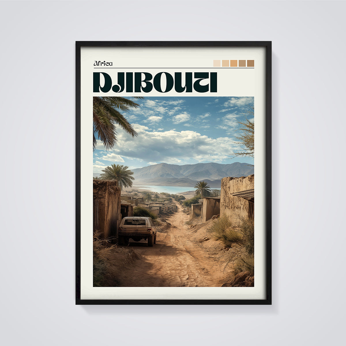 Djibouti Desert Village Print framed in black on a grey background