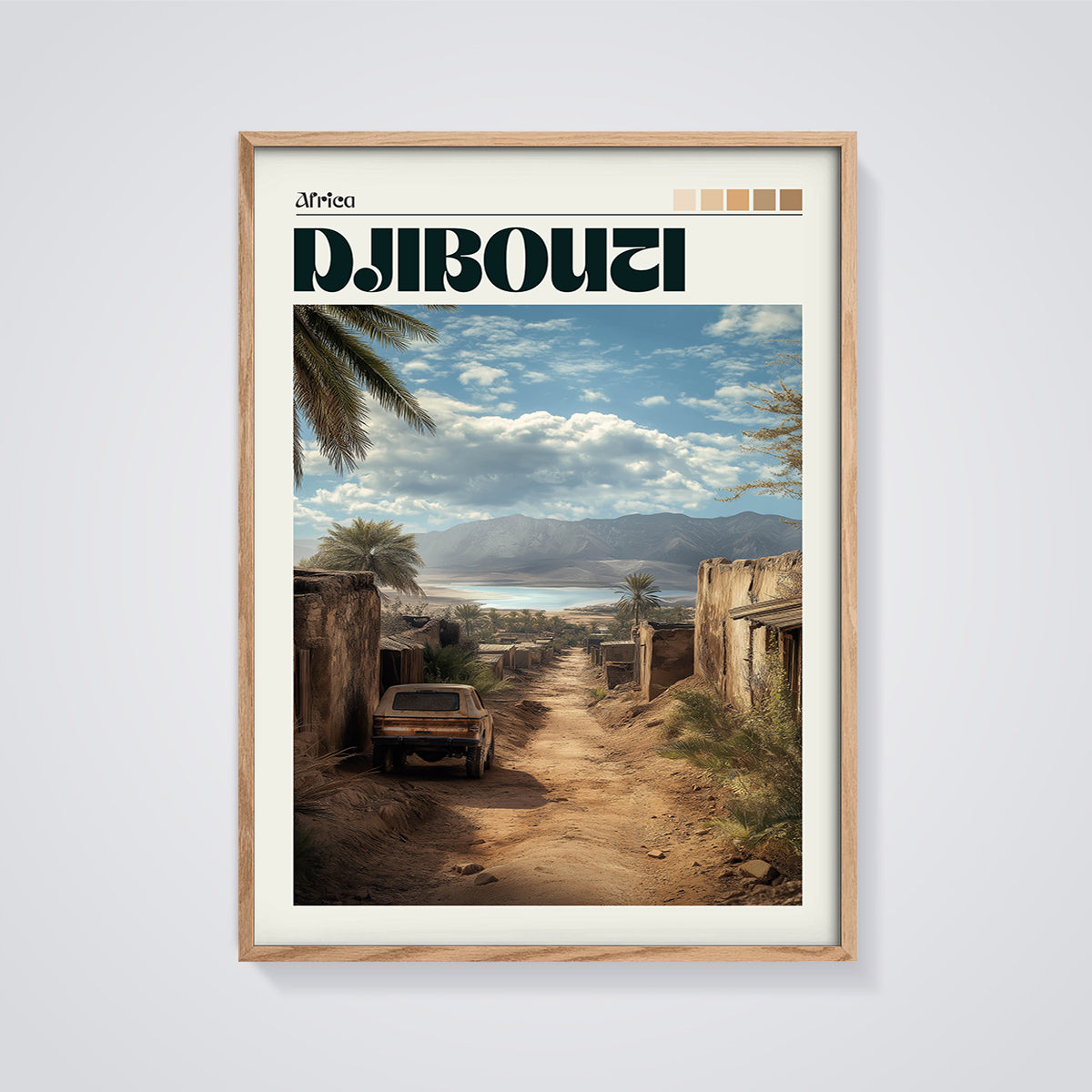 Djibouti Dusty Road Print framed in oak on a grey background