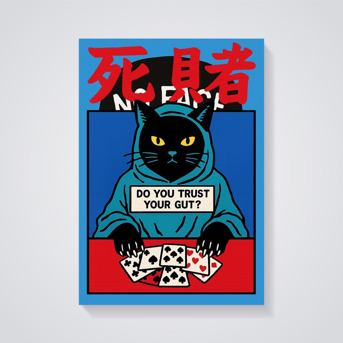 Do You Trust Your Gut? Hoodie Cat Cards Print unframed on a grey background