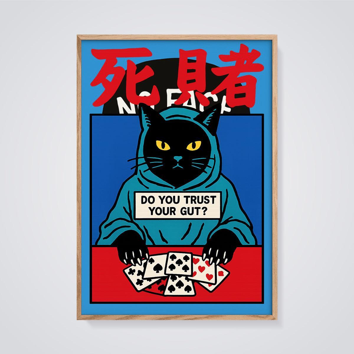 Do You Trust Your Gut? Hoodie Cat Cards Print framed in oak on a grey background