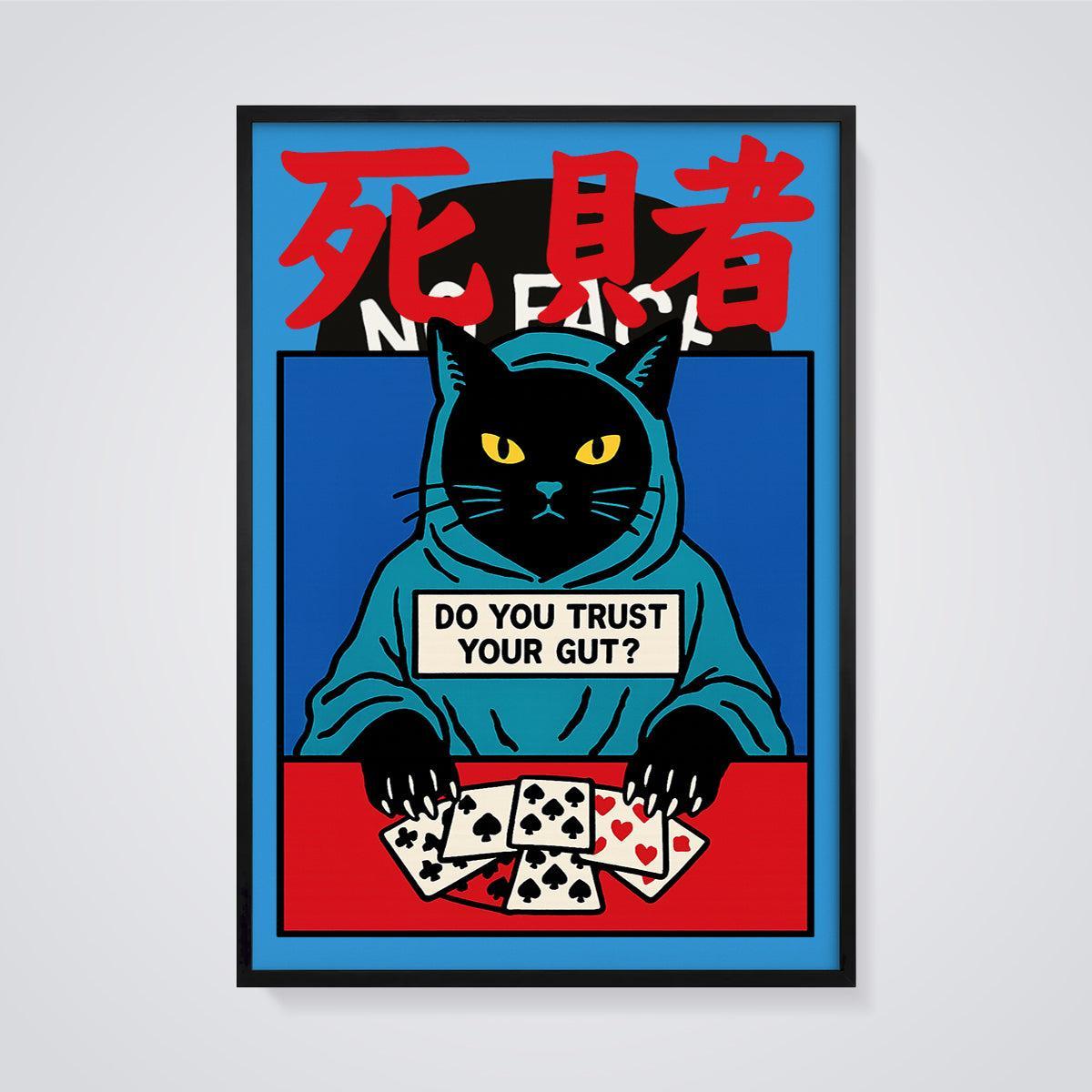 Do You Trust Your Gut? Hoodie Cat Cards Print framed in black on a grey background