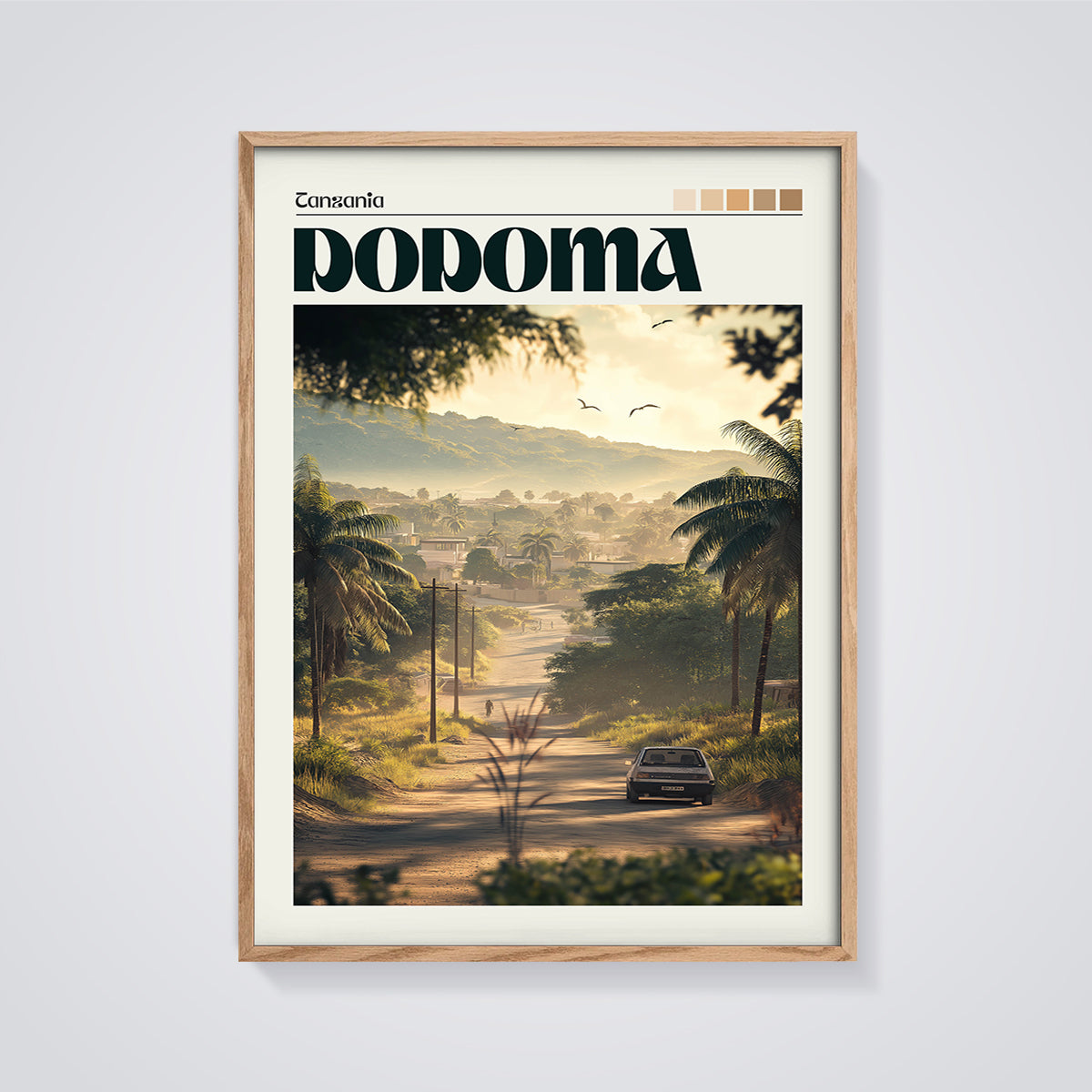 Dodoma Tanzania Road Print framed in oak on a grey background