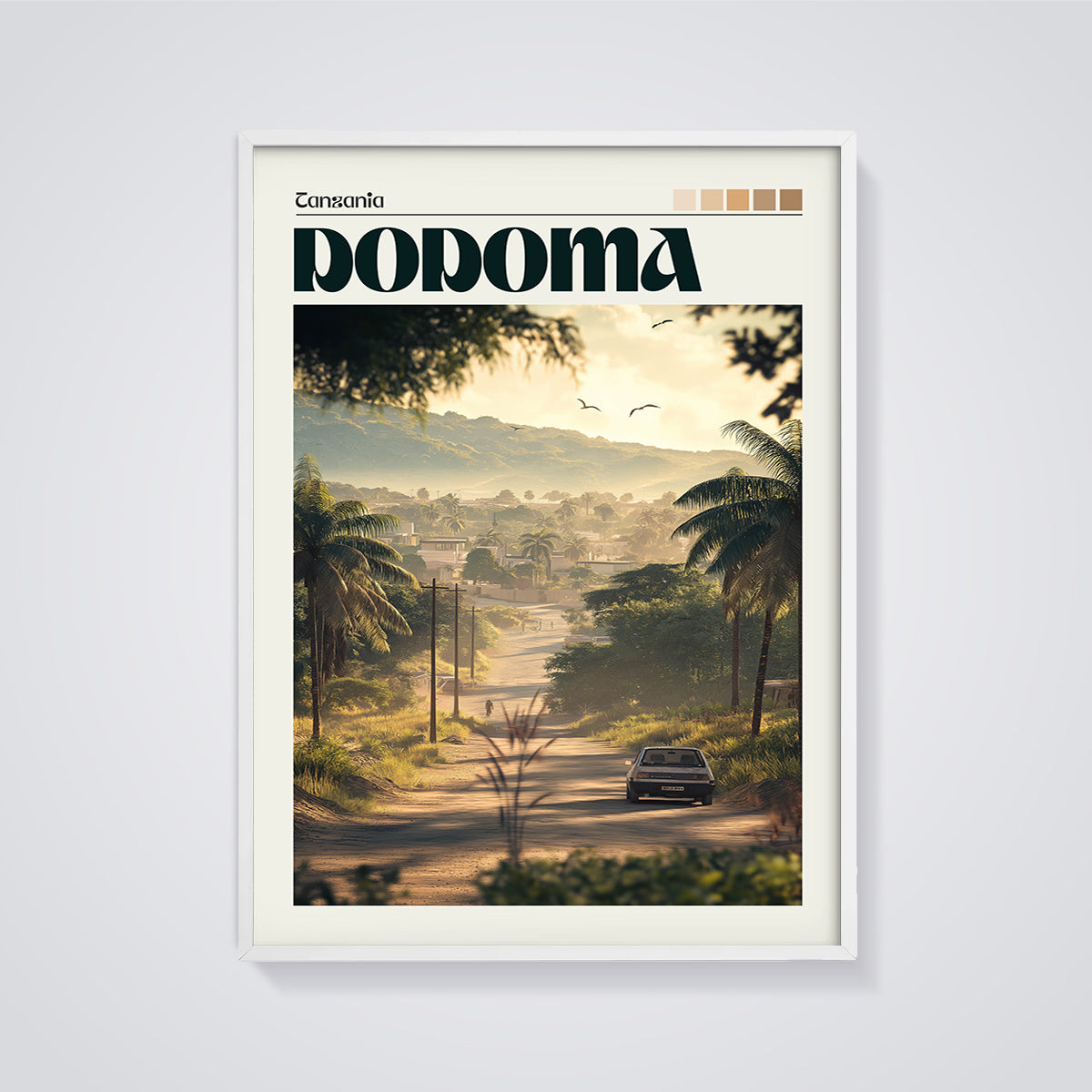 Dodoma Tanzania Road Print framed in white on a grey background