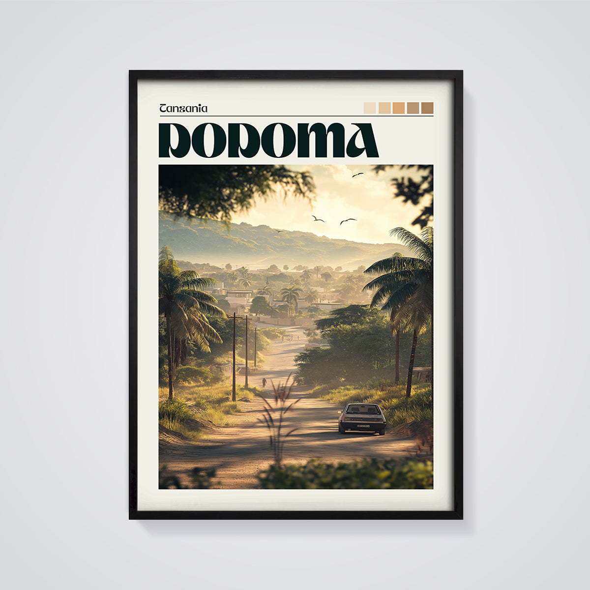 Dodoma Tanzania Road Print framed in black on a grey background