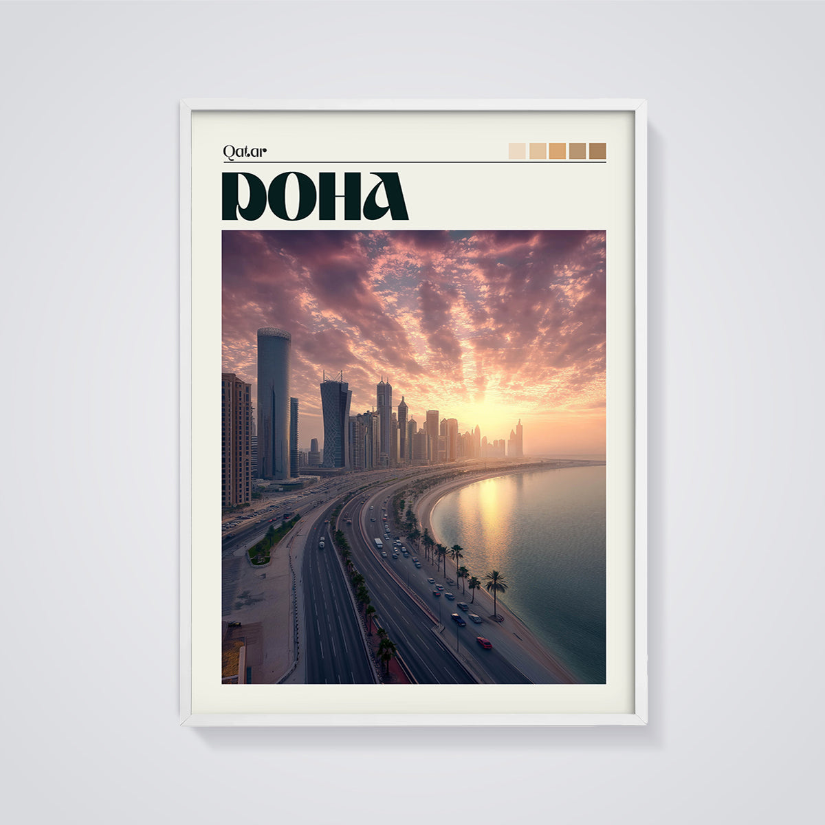 Doha Skyline Sunset Print framed in white on a grey background