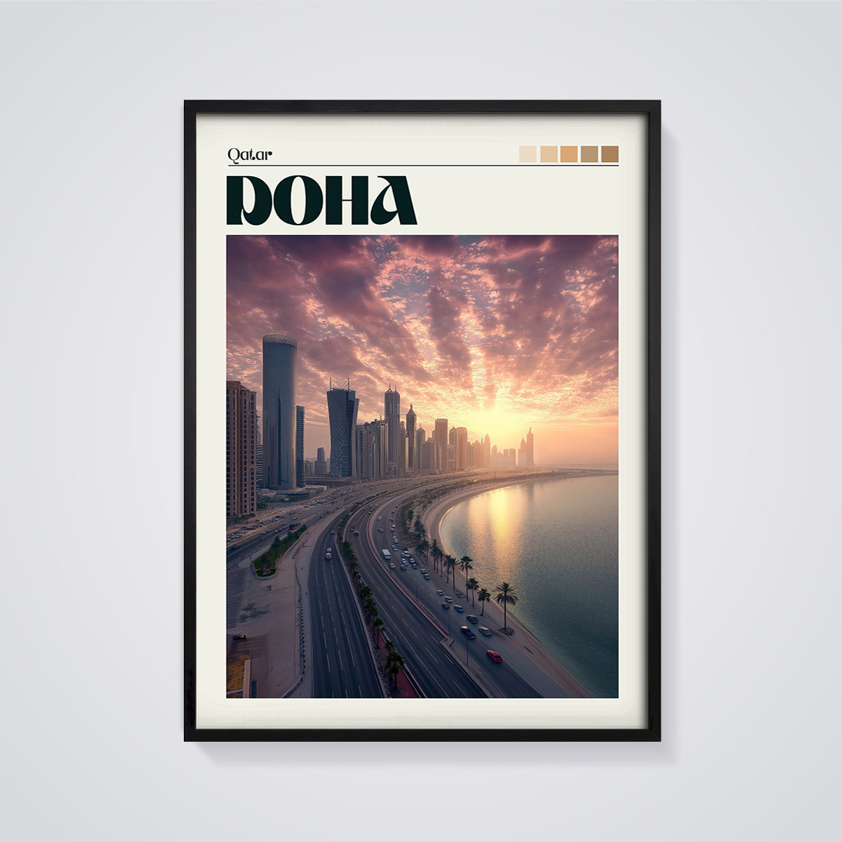 Doha Skyline Sunset Print framed in black on a grey background