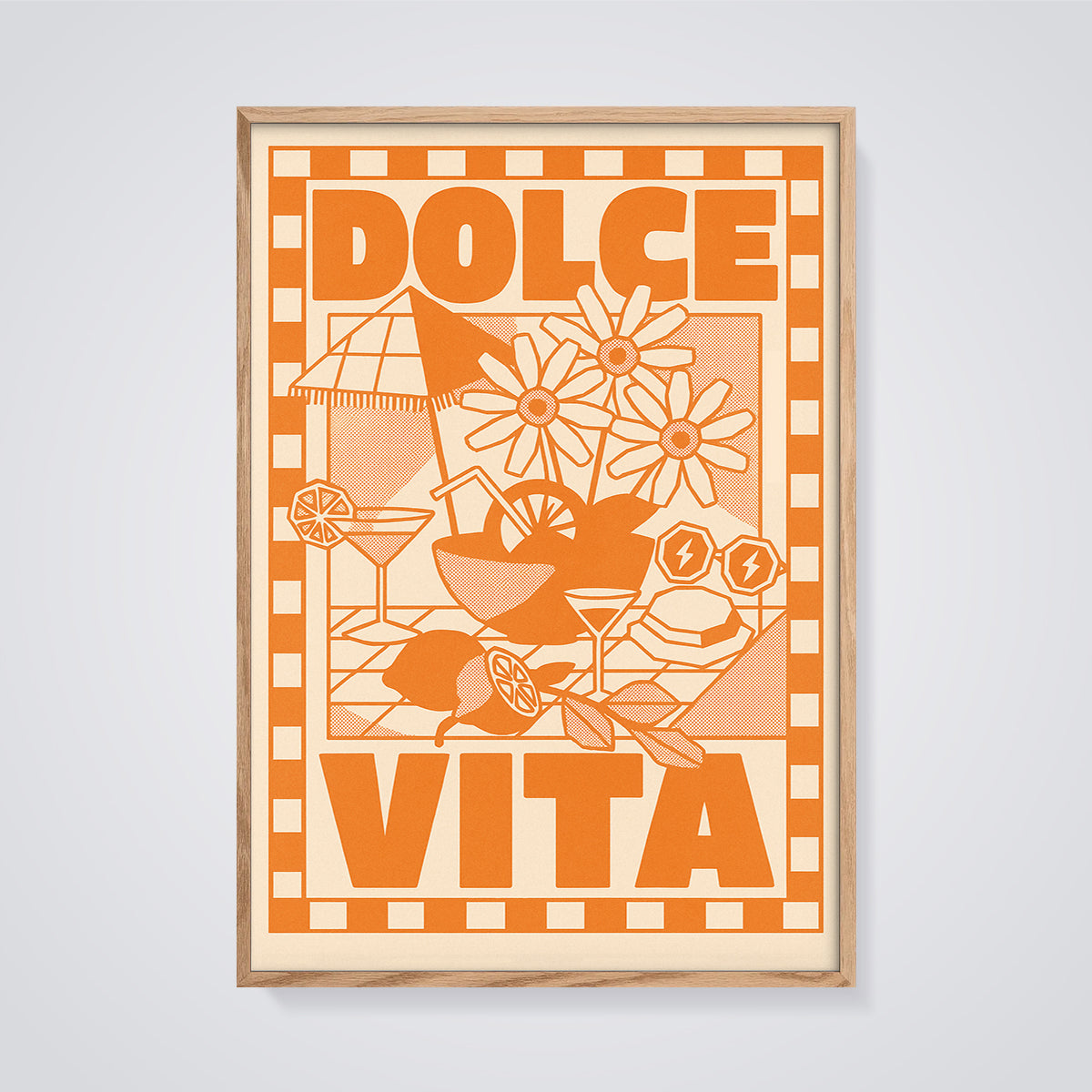 Dolce Vita Summer Scene Print framed in oak on a grey background
