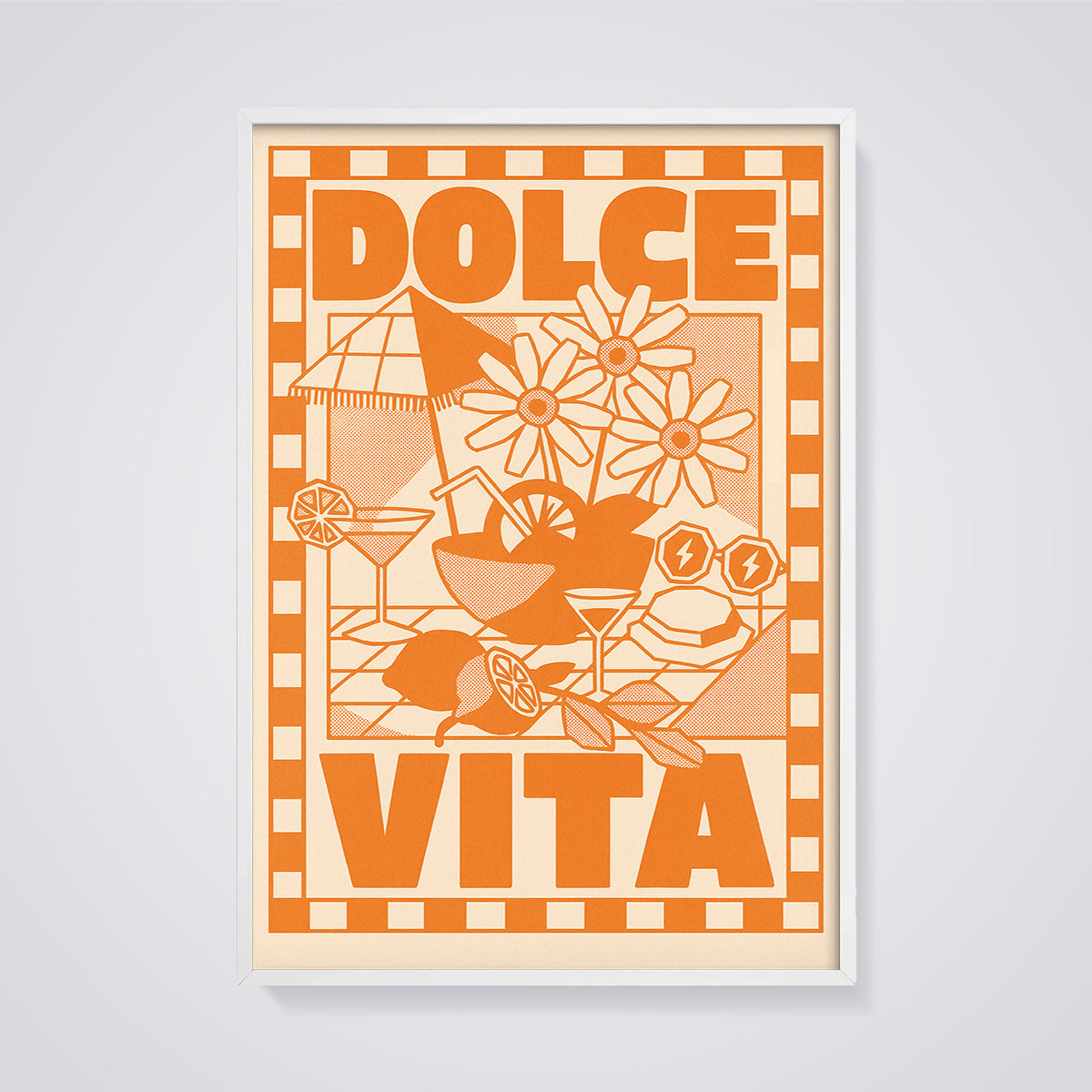 Dolce Vita Summer Scene Print framed in white on a grey background