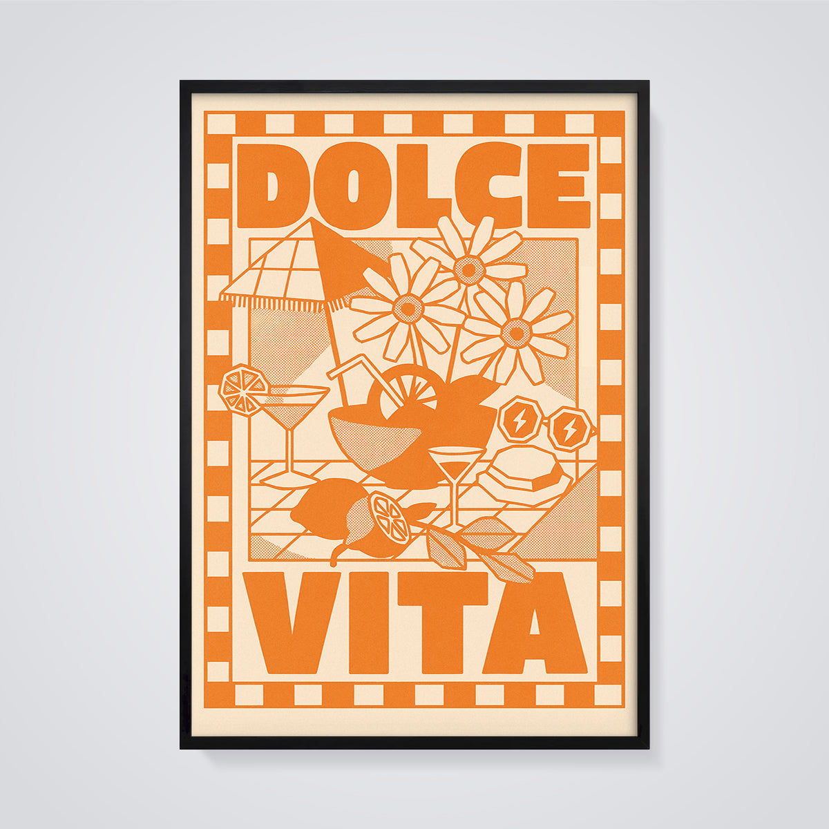 Dolce Vita Summer Scene Print framed in black on a grey background