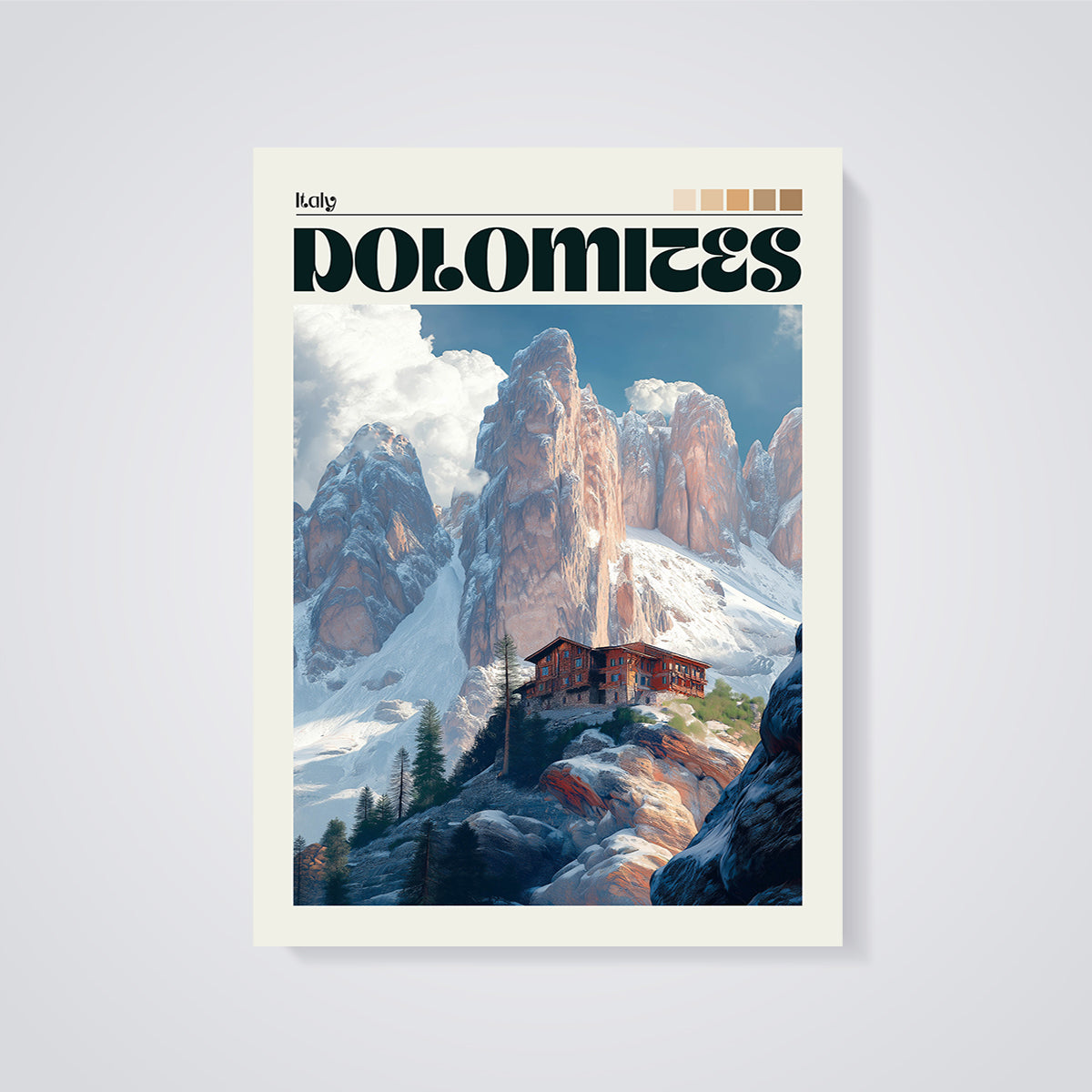 Dolomites Mountain Lodge Print unframed on a grey background