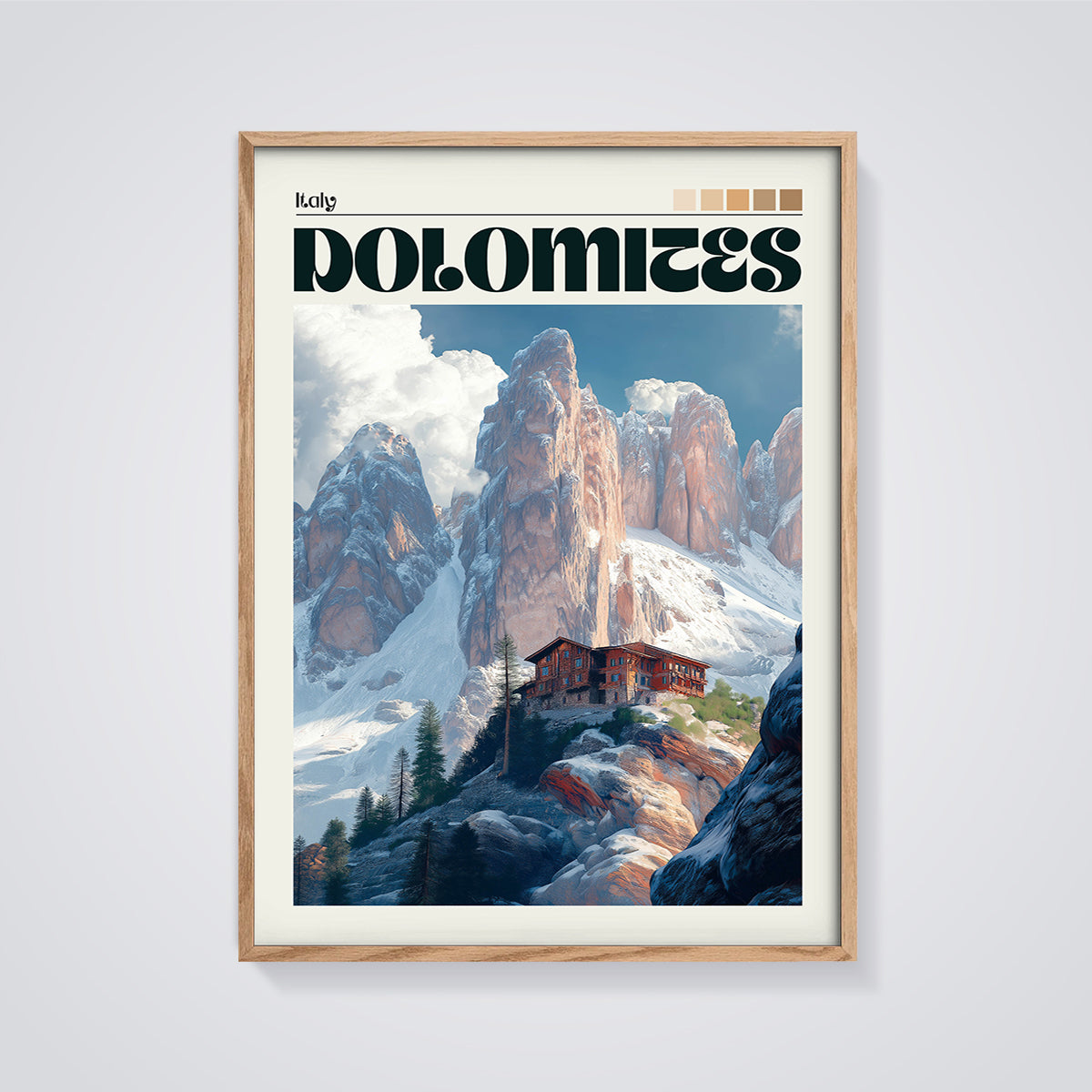 Dolomites Mountain Lodge Print framed in oak on a grey background